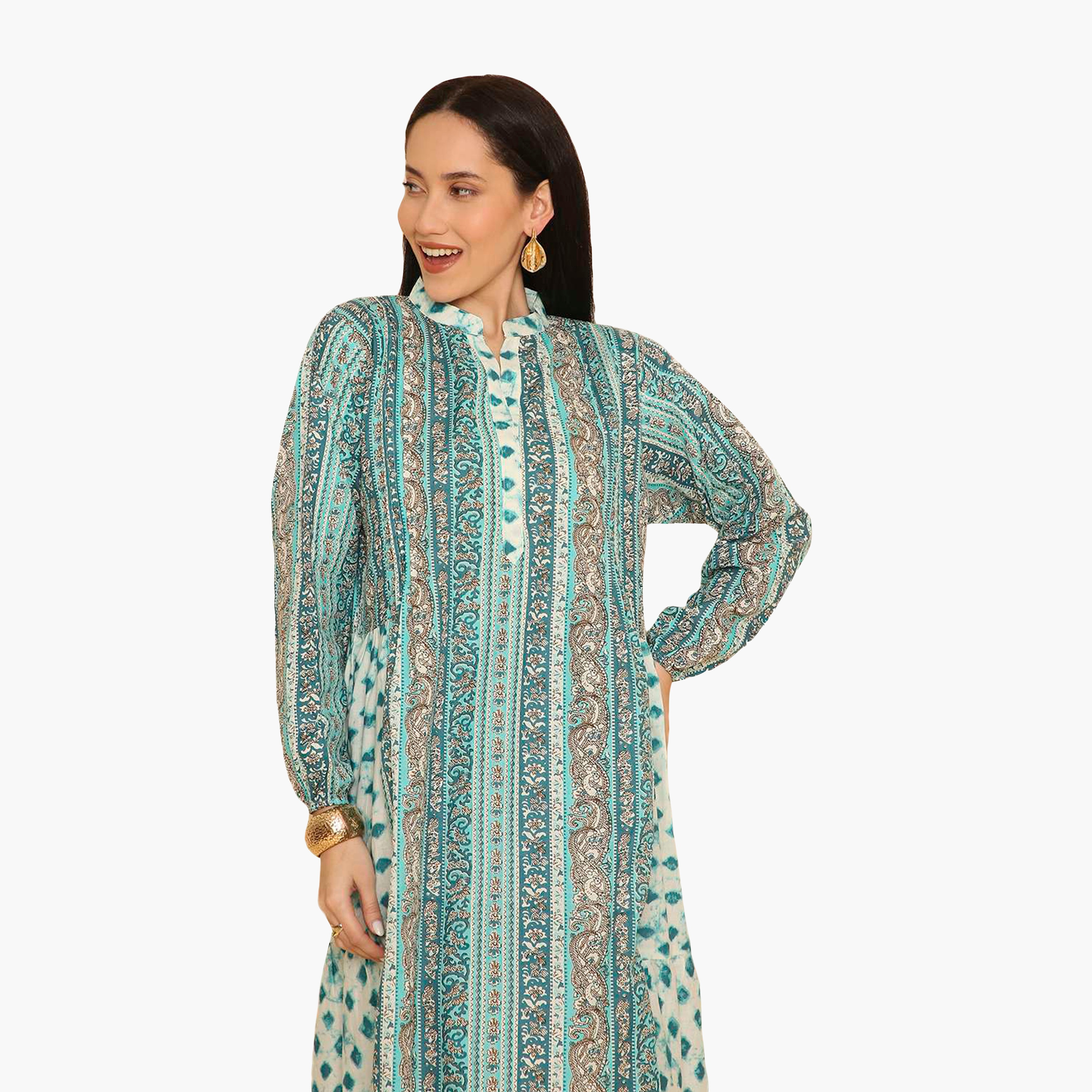 جلابية نسائية متعددة الطبقات بياقة ماندرين بنقشة بيزلي من هنا اند سارة-women-arabicclothing-jalabiyas-image-2