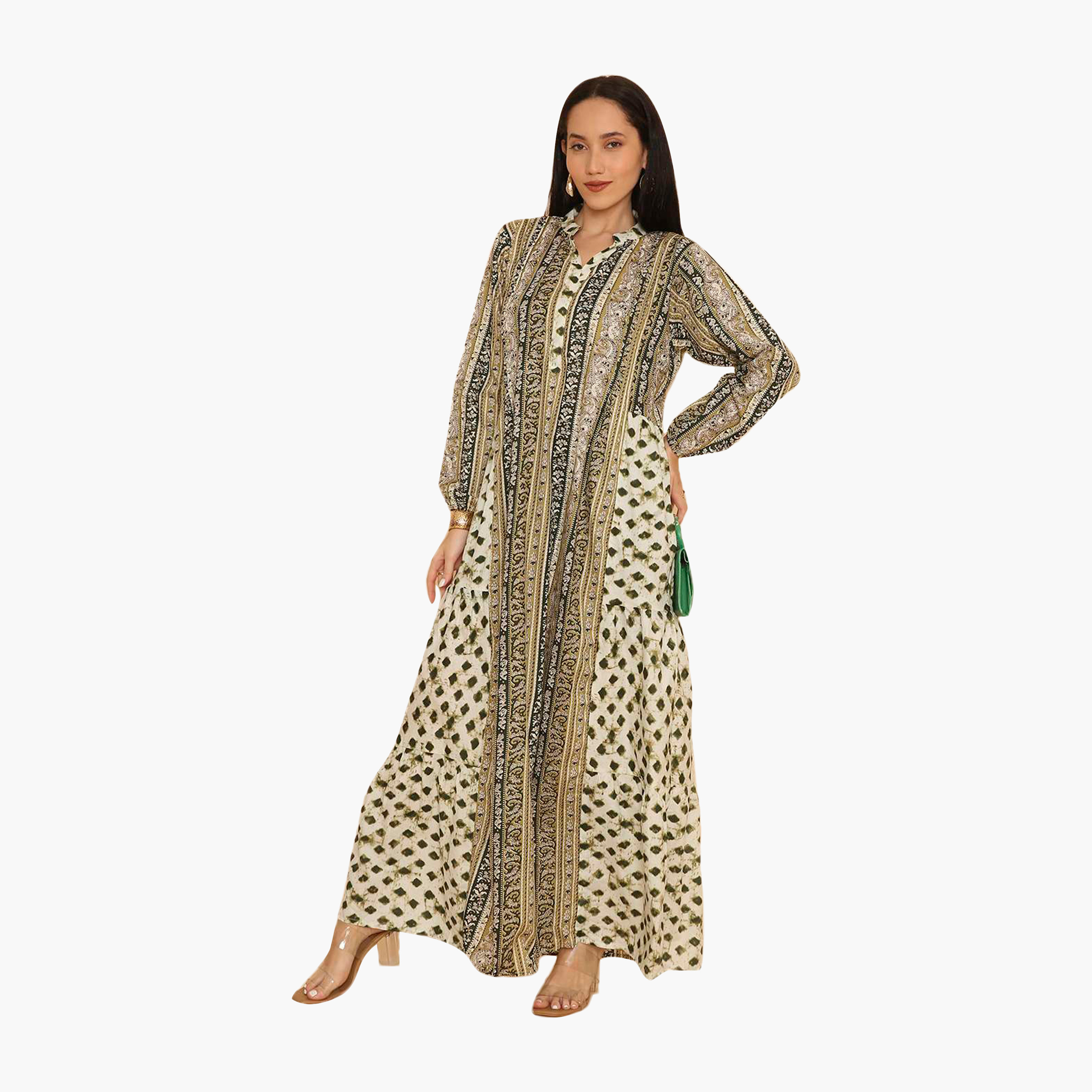 جلابية نسائية متعددة الطبقات بياقة ماندرين بنقشة بيزلي من هنا اند سارة-women-arabicclothing-jalabiyas-image-6