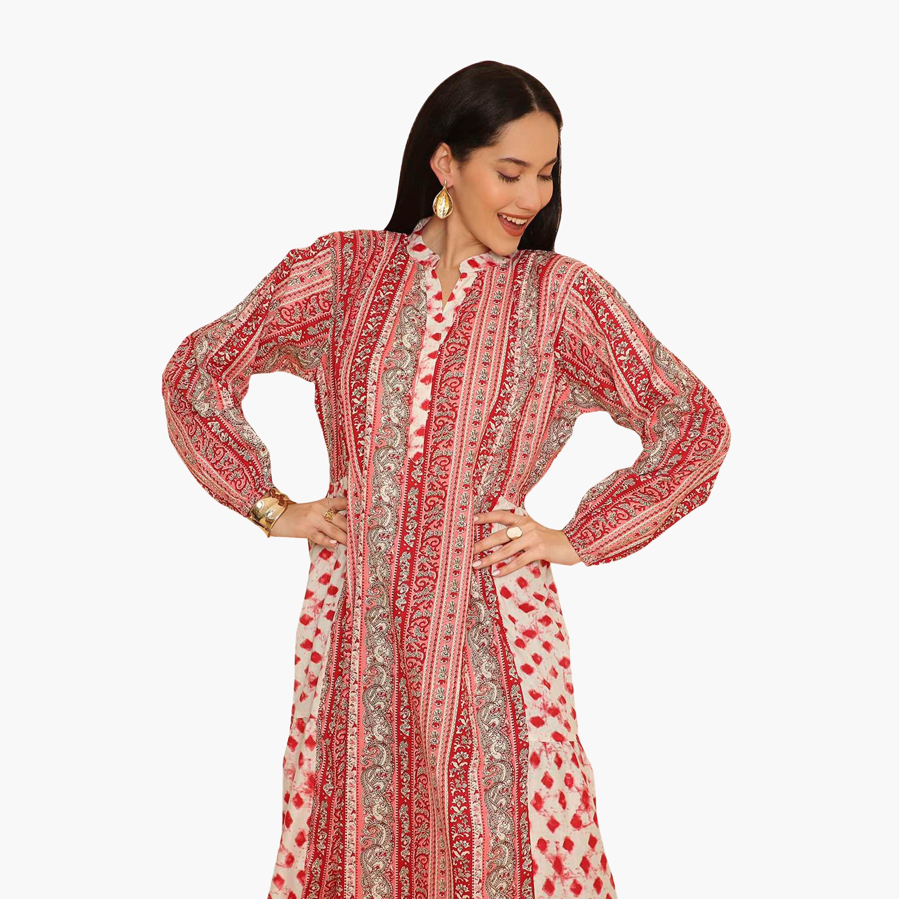 جلابية نسائية متعددة الطبقات بياقة ماندرين بنقشة بيزلي من هنا اند سارة-women-arabicclothing-jalabiyas-image-12