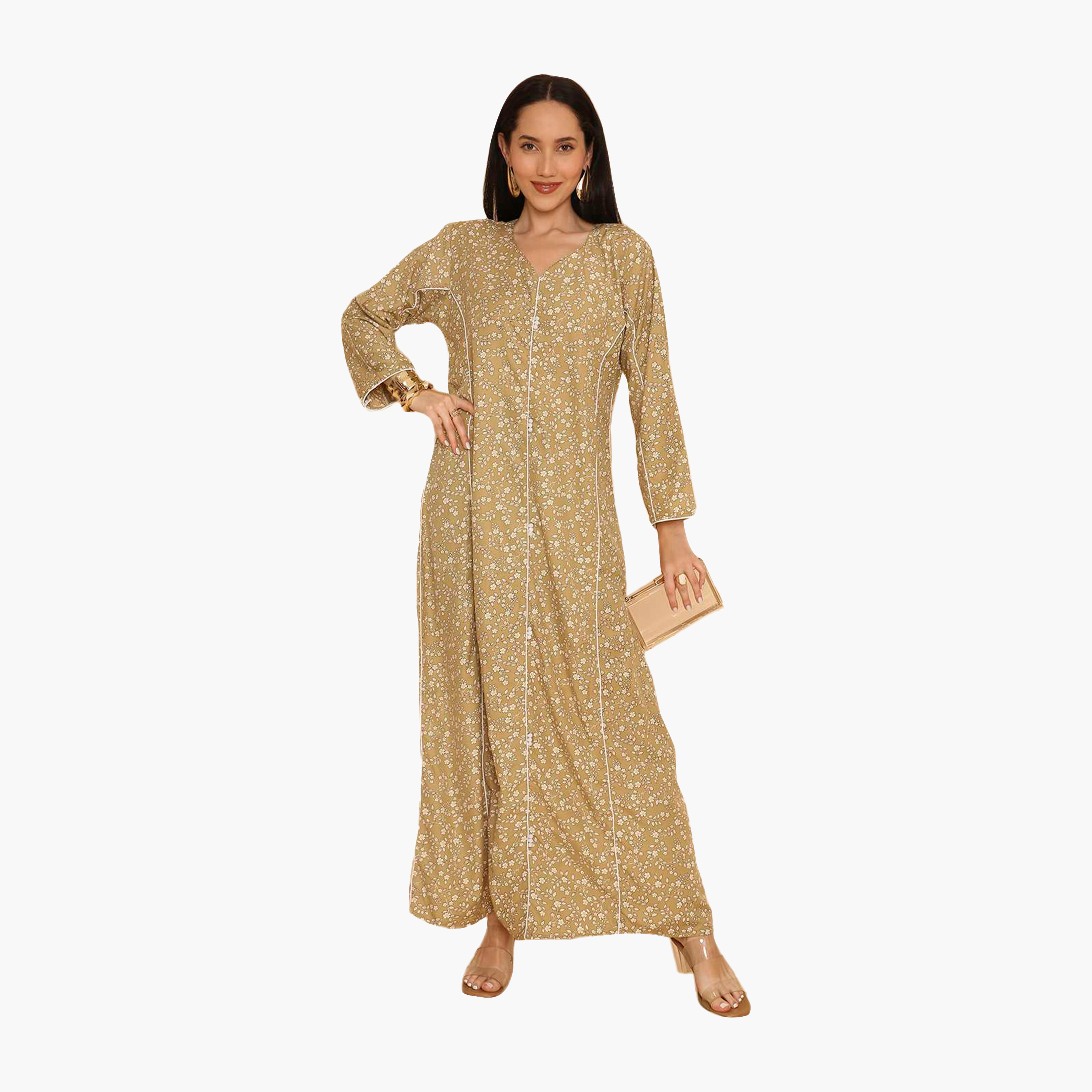 جلابية نسائية مطرزة بنقشة زهور وحواف مزخرفة من هنا اند سارة-women-arabicclothing-jalabiyas-image-1