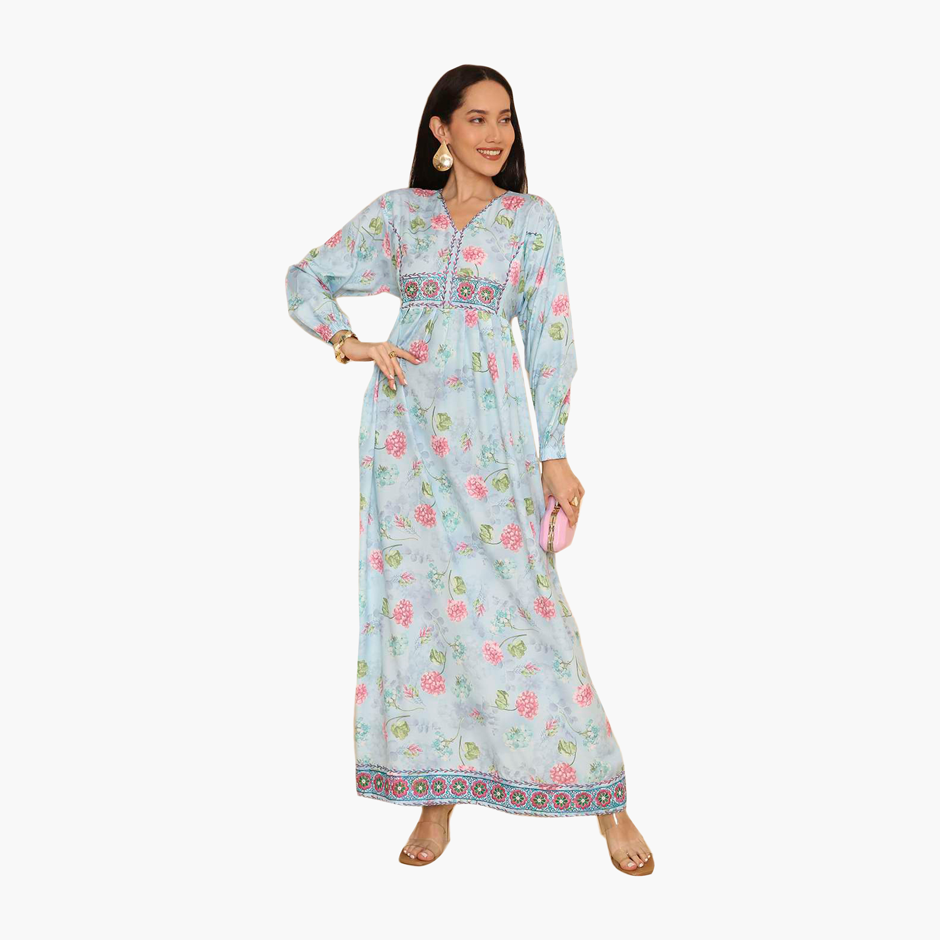 HanaandSara Floral Print Elasticated Cuff Sleeves Women's Jalabiya-women-arabicclothing-jalabiyas-image-1