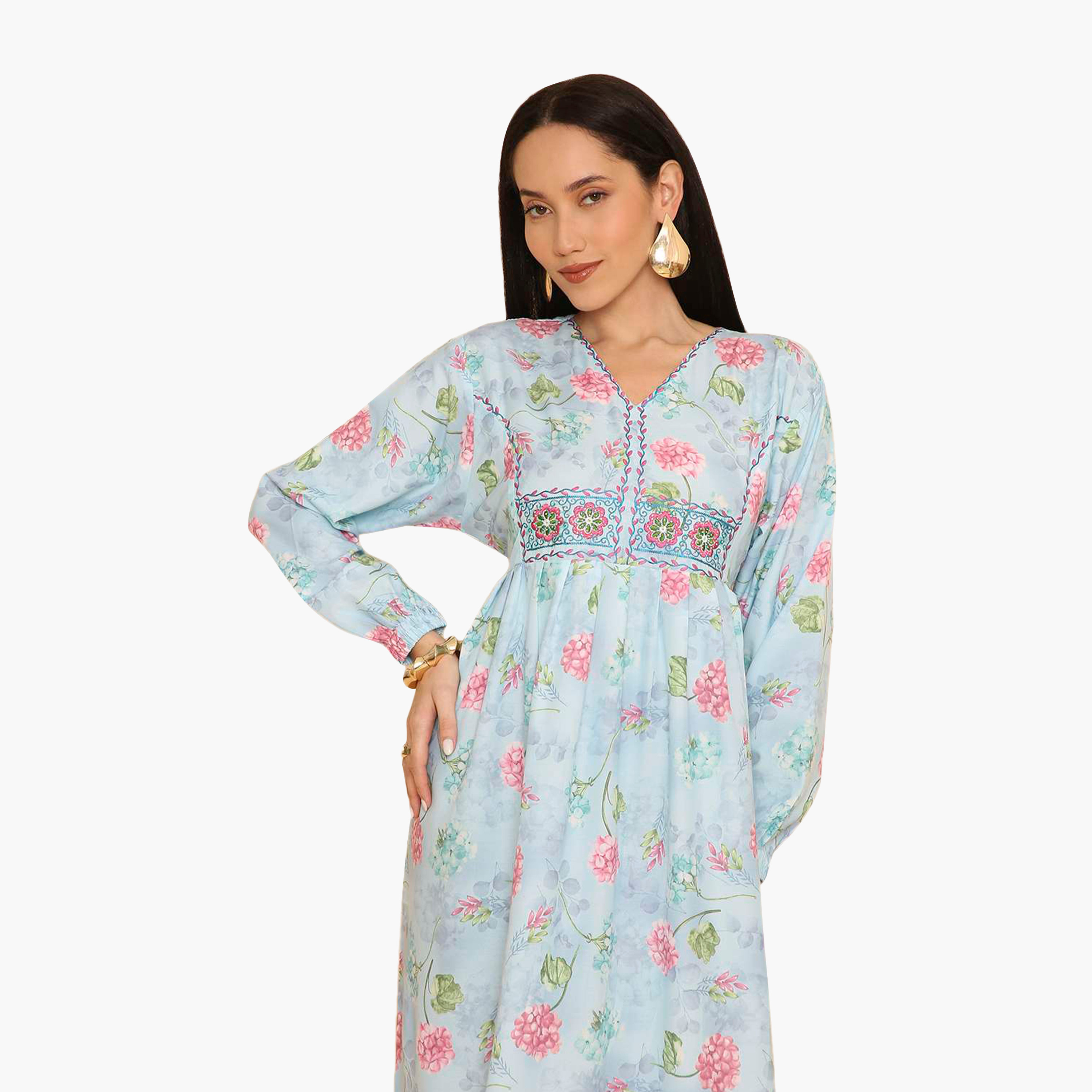 HanaandSara Floral Print Elasticated Cuff Sleeves Women's Jalabiya-women-arabicclothing-jalabiyas-image-2