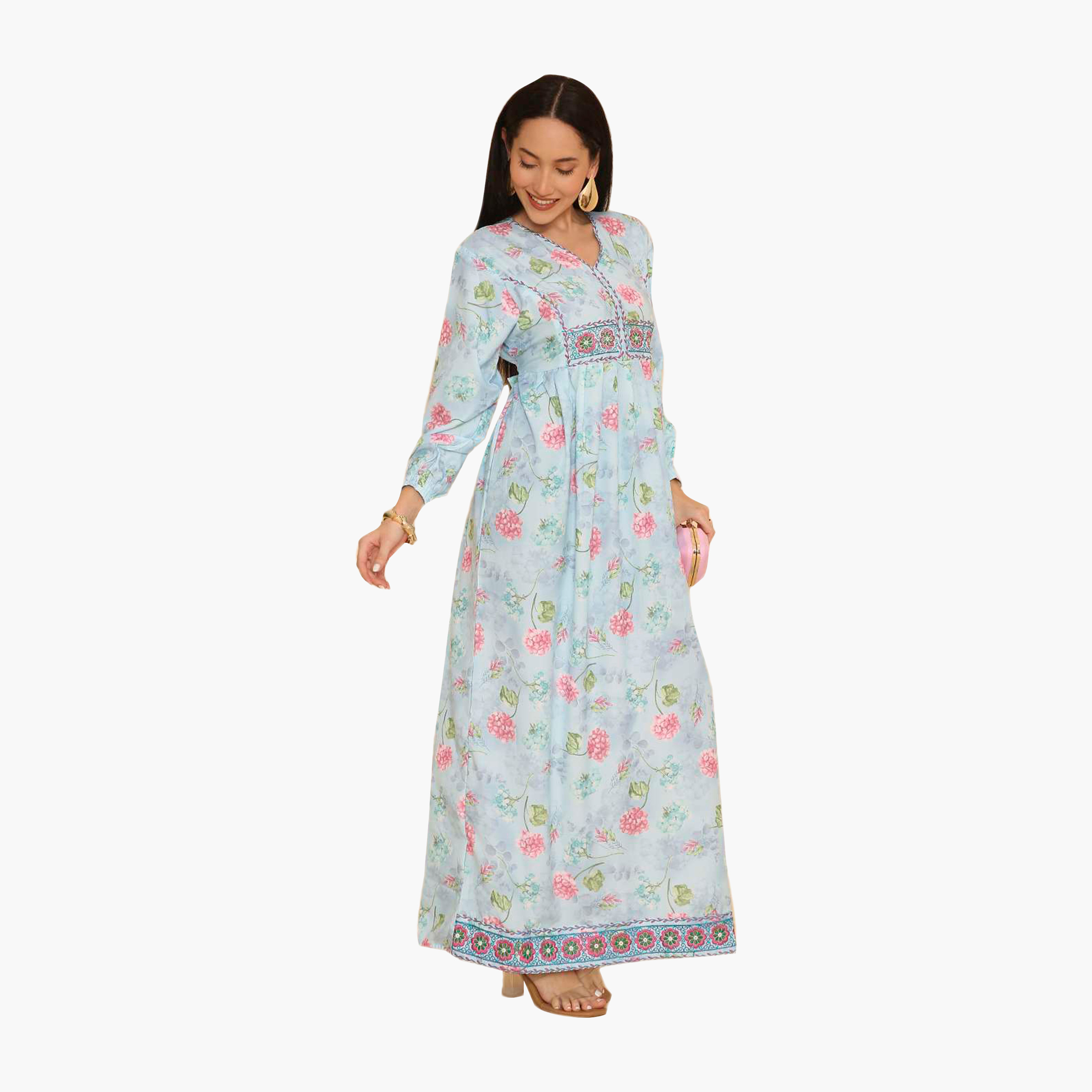HanaandSara Floral Print Elasticated Cuff Sleeves Women's Jalabiya-women-arabicclothing-jalabiyas-image-3