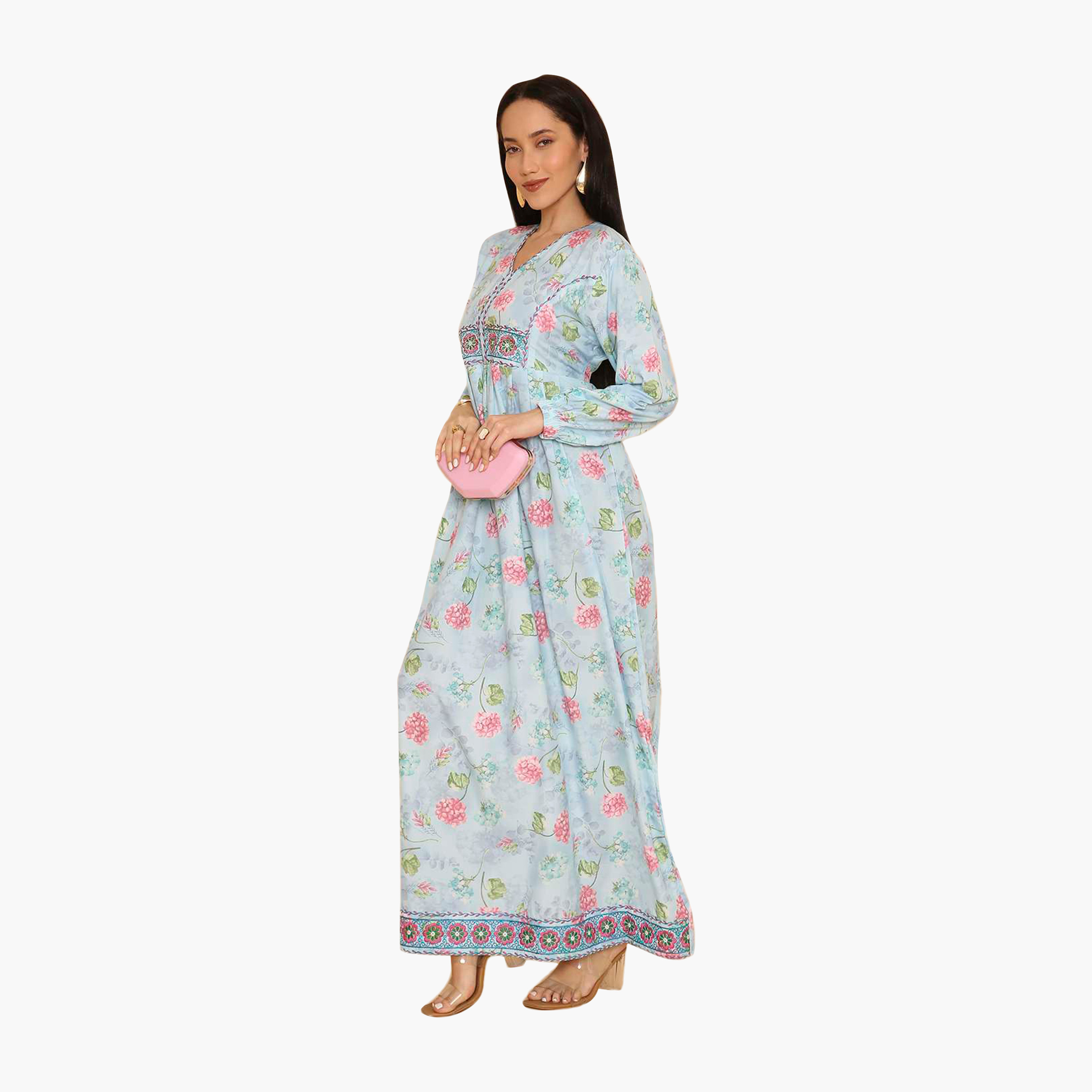 HanaandSara Floral Print Elasticated Cuff Sleeves Women's Jalabiya-women-arabicclothing-jalabiyas-image-4