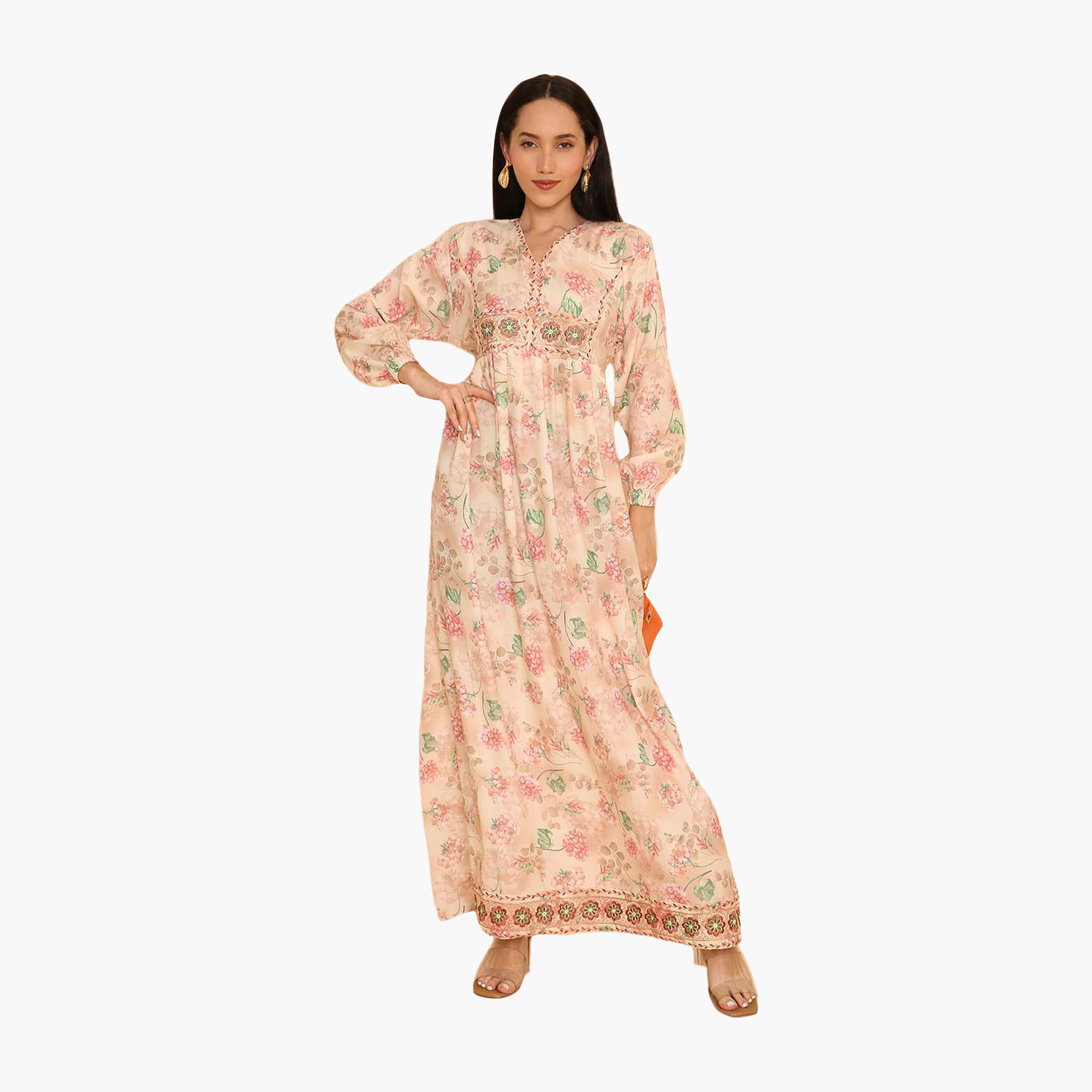 HanaandSara Floral Print Elasticated Cuff Sleeves Women's Jalabiya-women-arabicclothing-jalabiyas-image-6