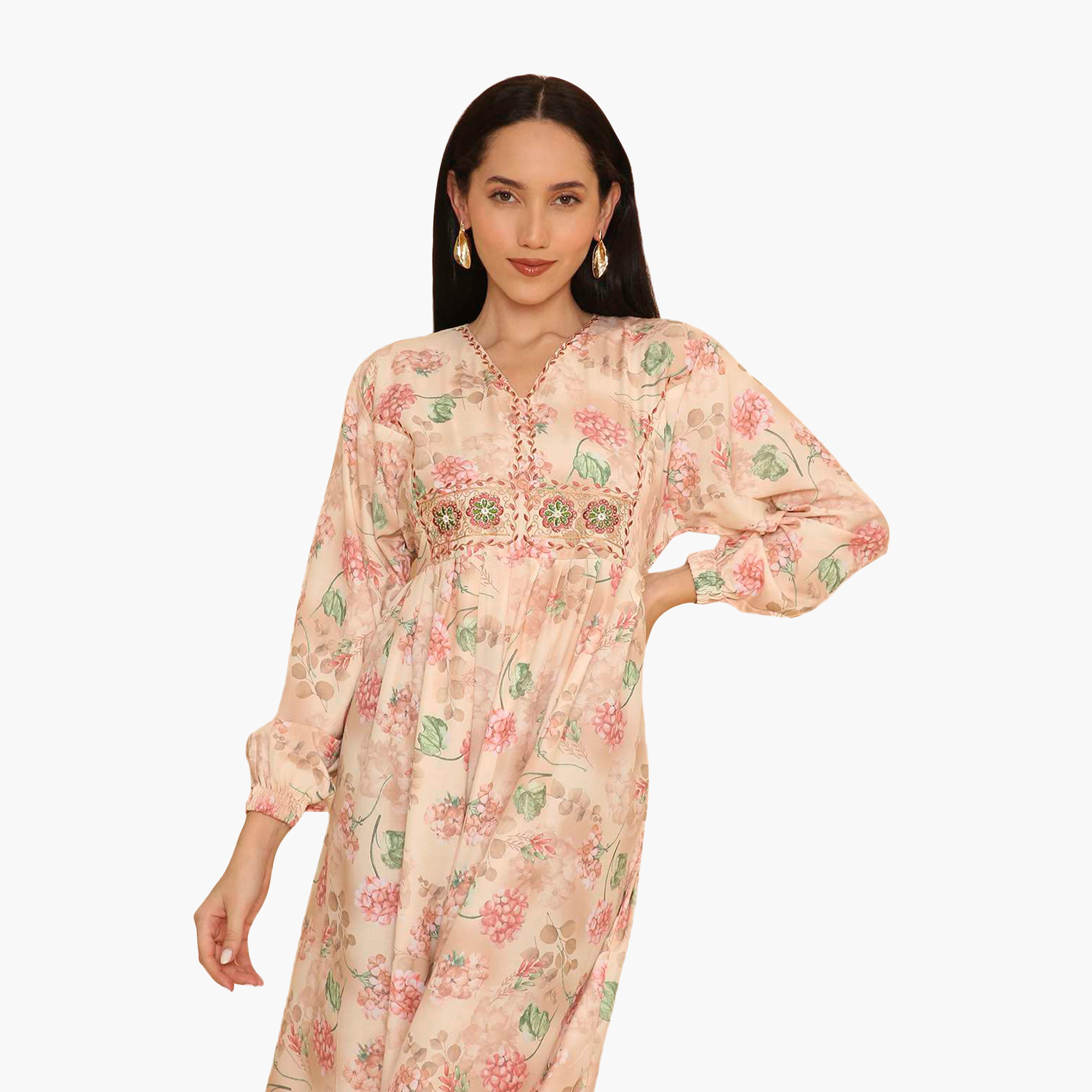 HanaandSara Floral Print Elasticated Cuff Sleeves Women's Jalabiya-women-arabicclothing-jalabiyas-image-7