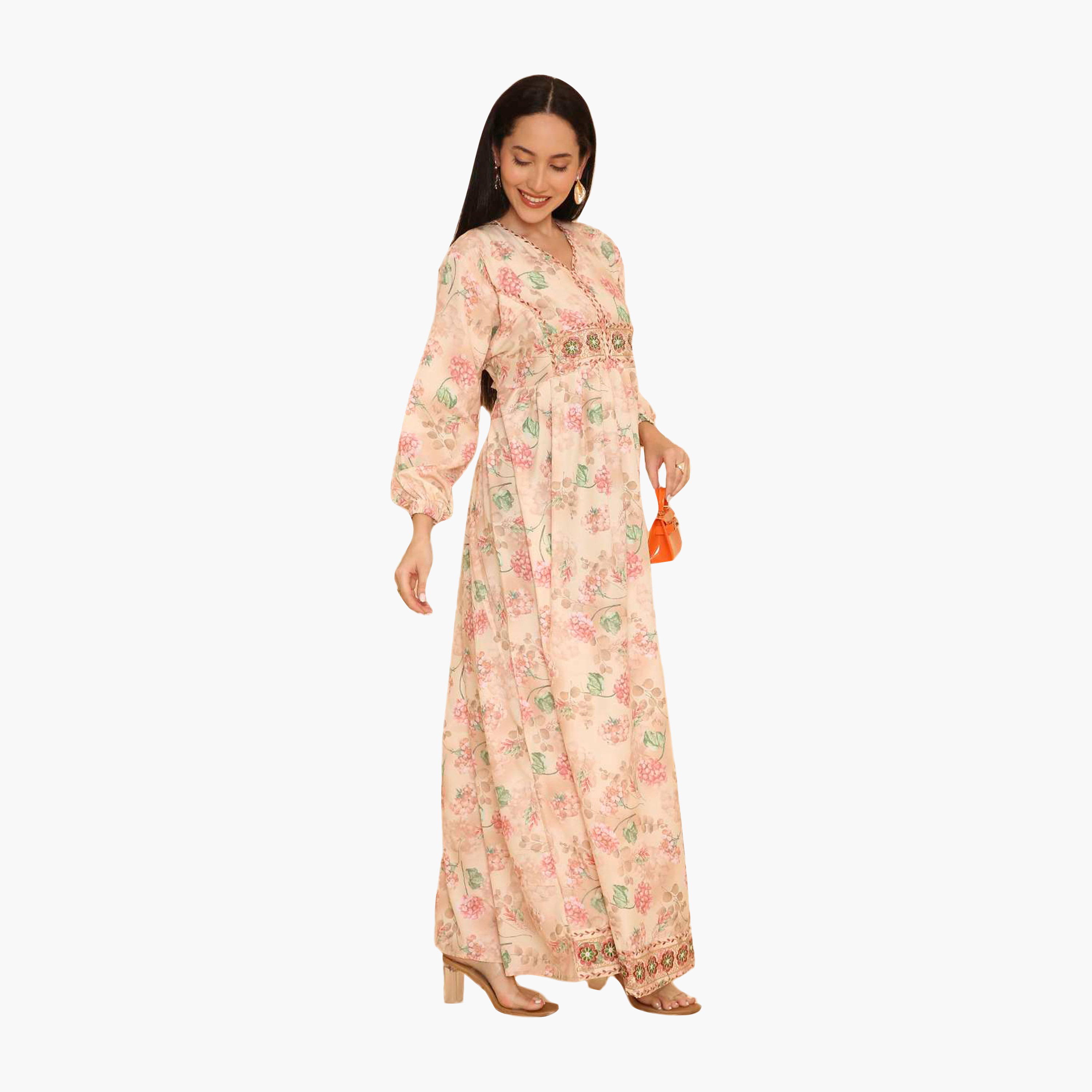 HanaandSara Floral Print Elasticated Cuff Sleeves Women's Jalabiya-women-arabicclothing-jalabiyas-image-8