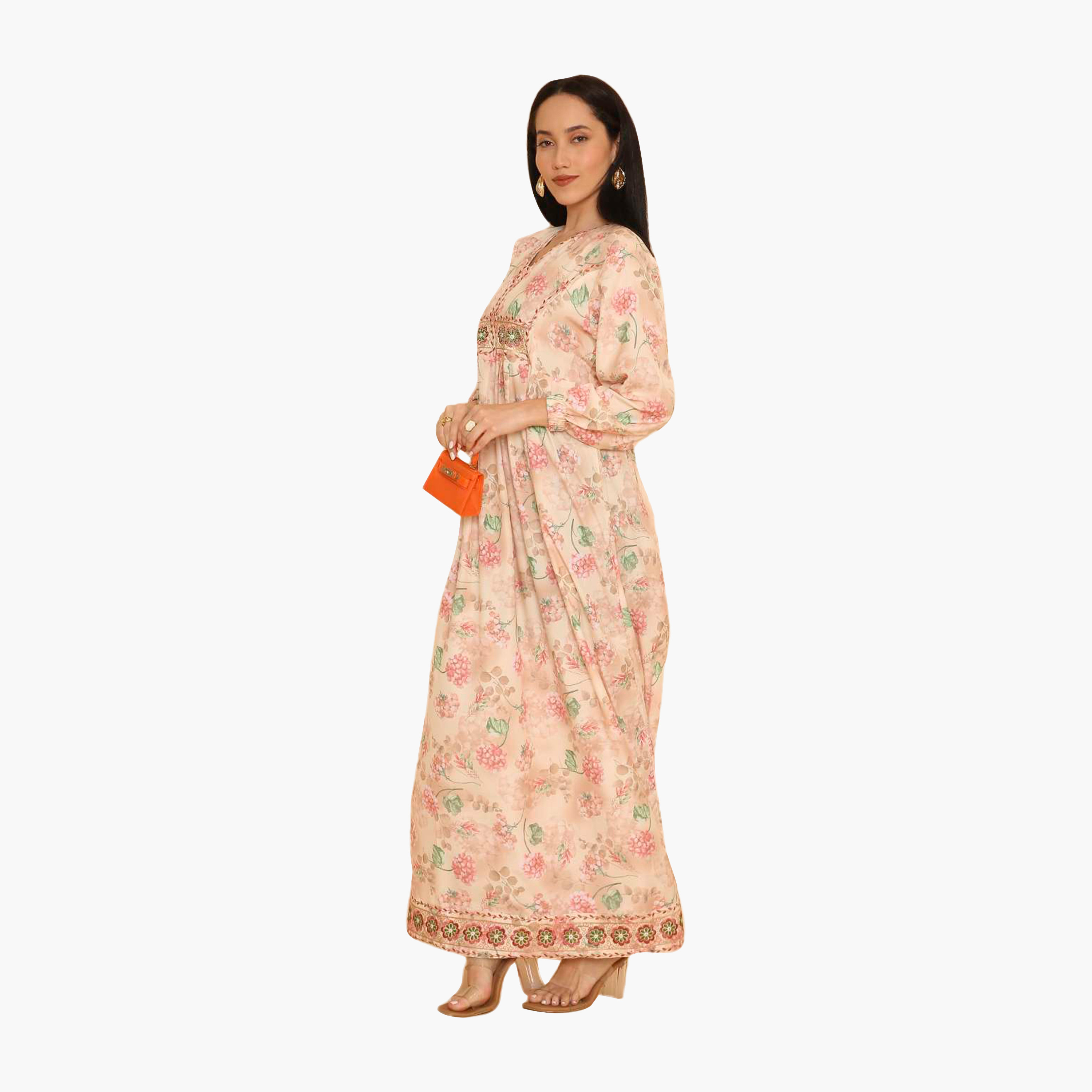 HanaandSara Floral Print Elasticated Cuff Sleeves Women's Jalabiya-women-arabicclothing-jalabiyas-image-9