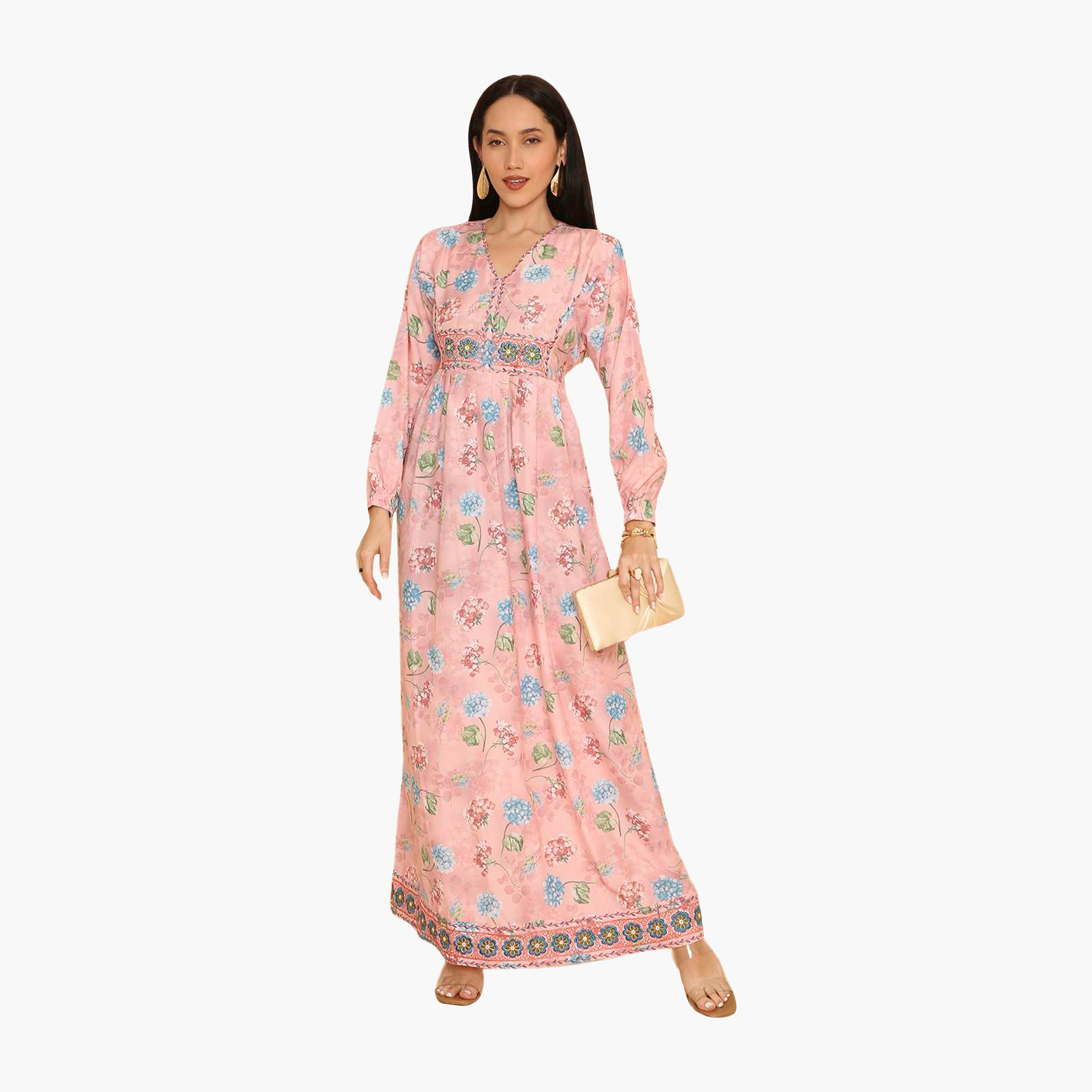 HanaandSara Floral Print Elasticated Cuff Sleeves Women's Jalabiya-women-arabicclothing-jalabiyas-image-11