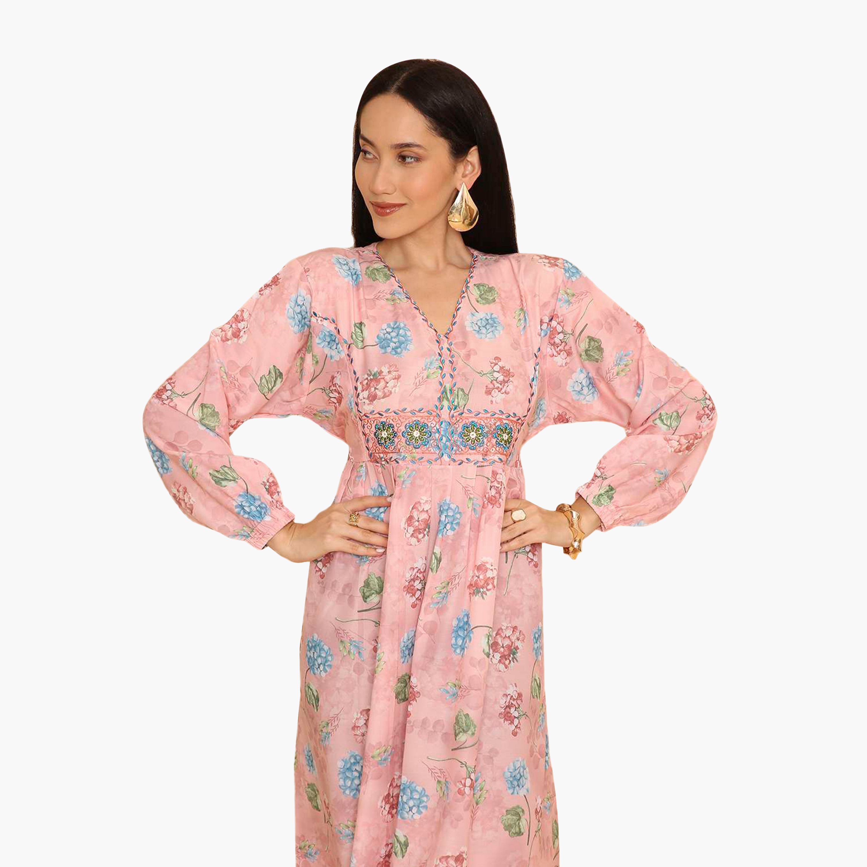 HanaandSara Floral Print Elasticated Cuff Sleeves Women's Jalabiya-women-arabicclothing-jalabiyas-image-12
