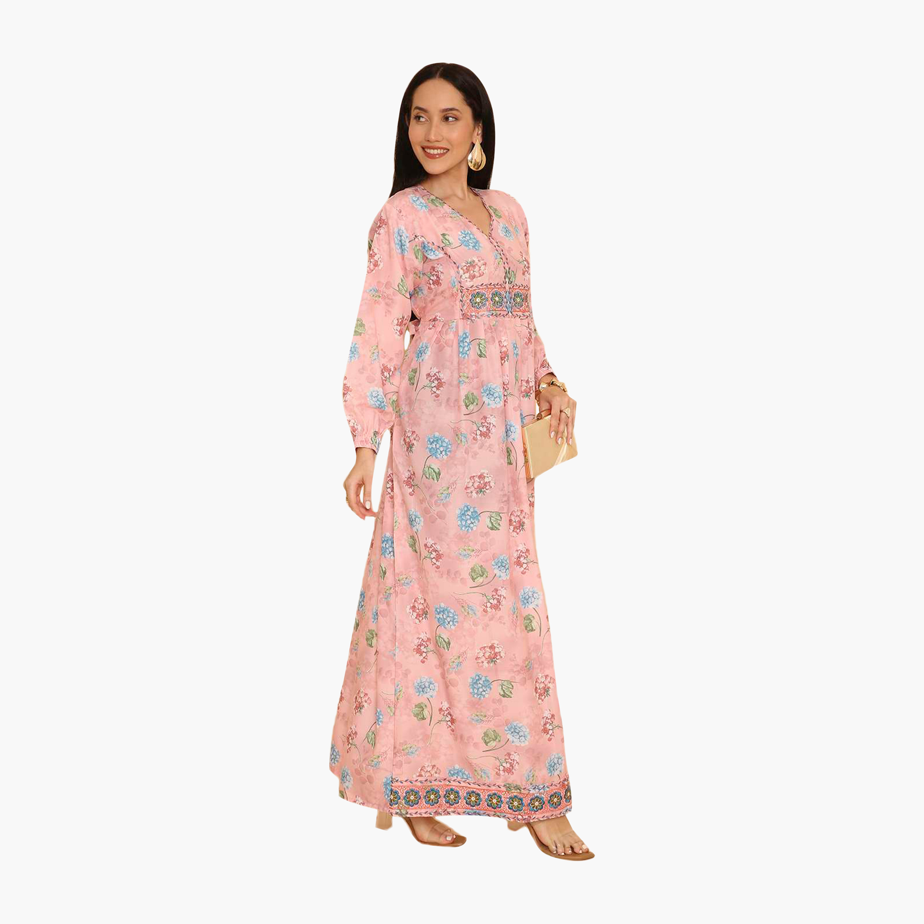 HanaandSara Floral Print Elasticated Cuff Sleeves Women's Jalabiya-women-arabicclothing-jalabiyas-image-13