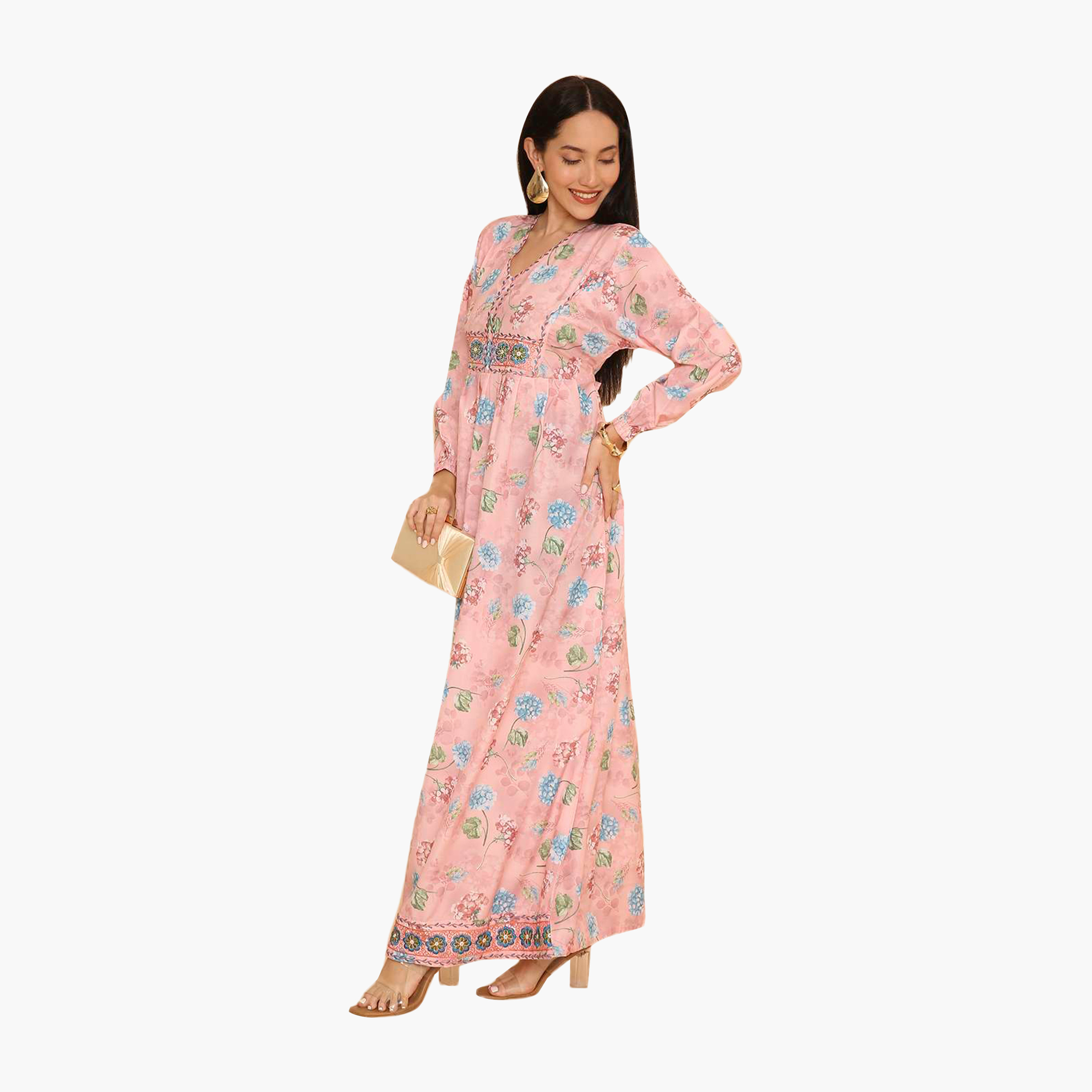 HanaandSara Floral Print Elasticated Cuff Sleeves Women's Jalabiya-women-arabicclothing-jalabiyas-image-14