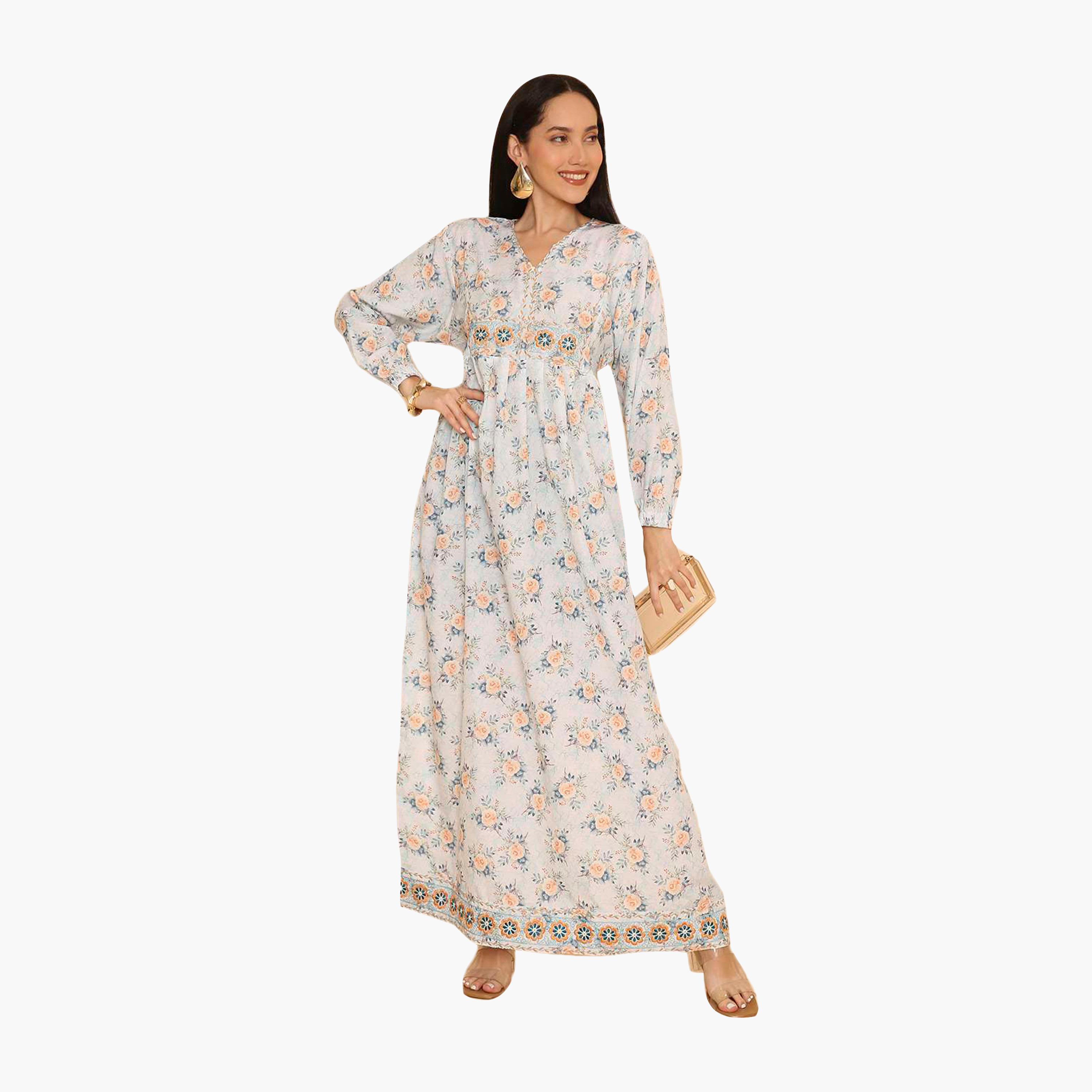 جلابية نسائية بأكمام مطاطية وطبعة زهور من هنا اند سارة-women-arabicclothing-jalabiyas-image-1