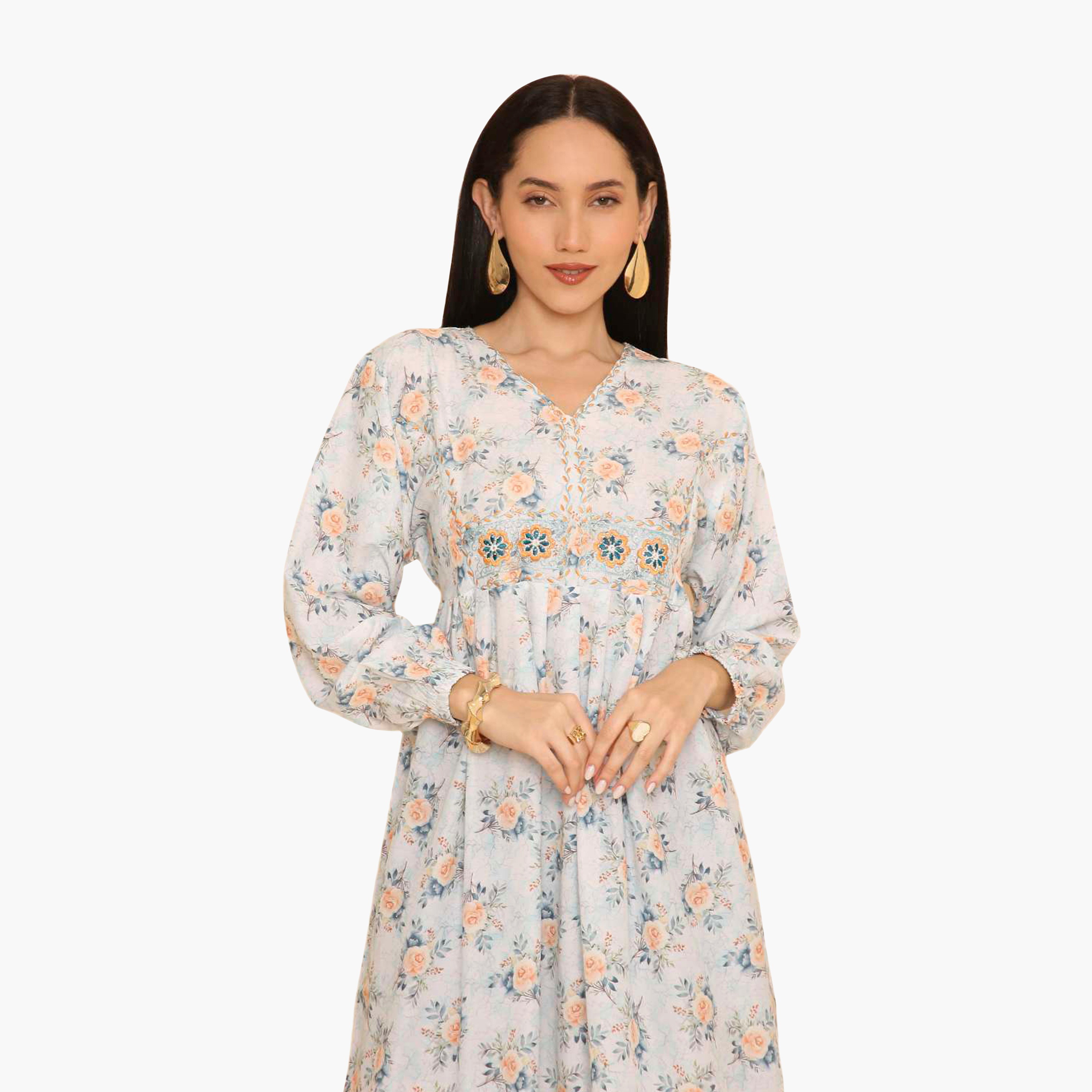 جلابية نسائية بأكمام مطاطية وطبعة زهور من هنا اند سارة-women-arabicclothing-jalabiyas-image-2