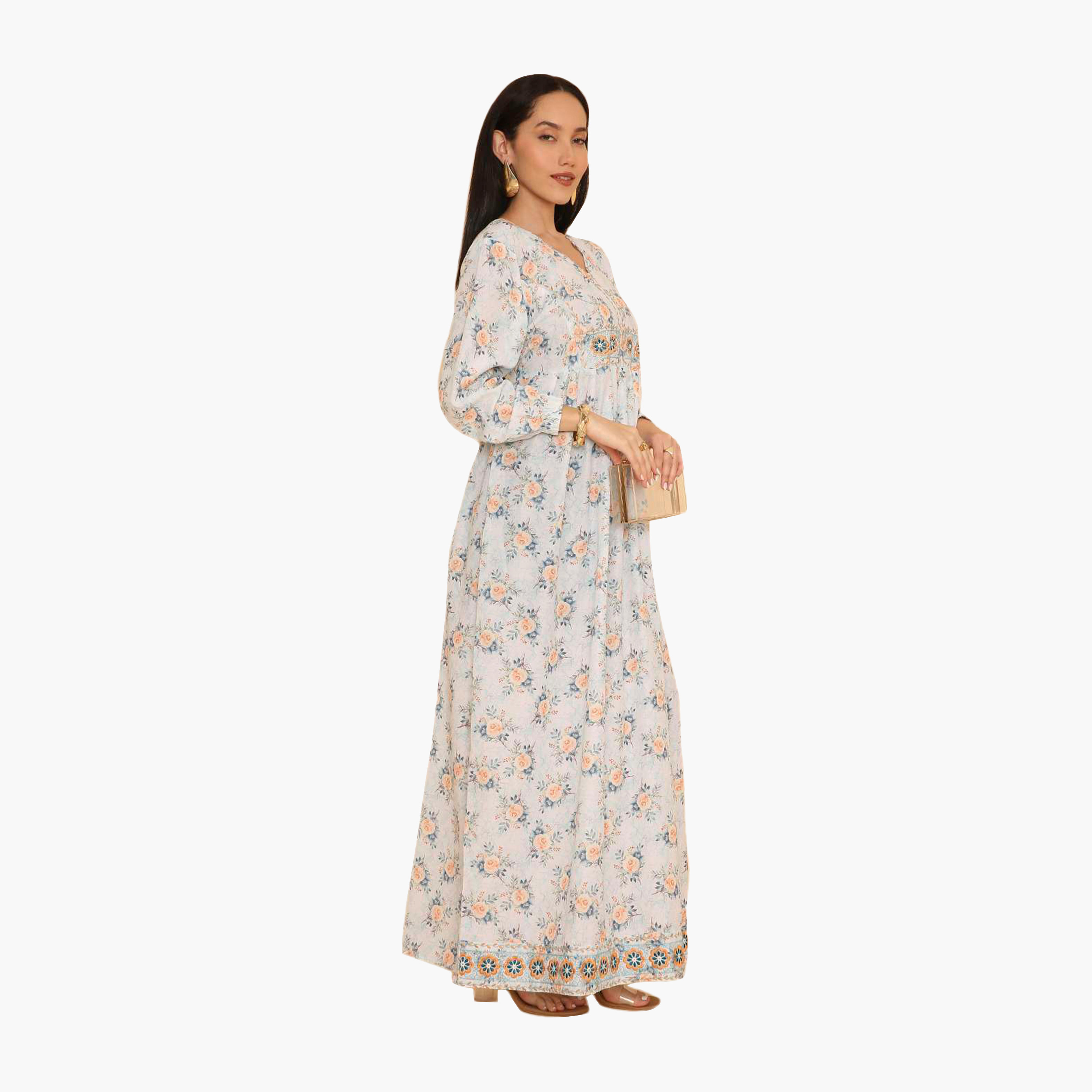 جلابية نسائية بأكمام مطاطية وطبعة زهور من هنا اند سارة-women-arabicclothing-jalabiyas-image-3