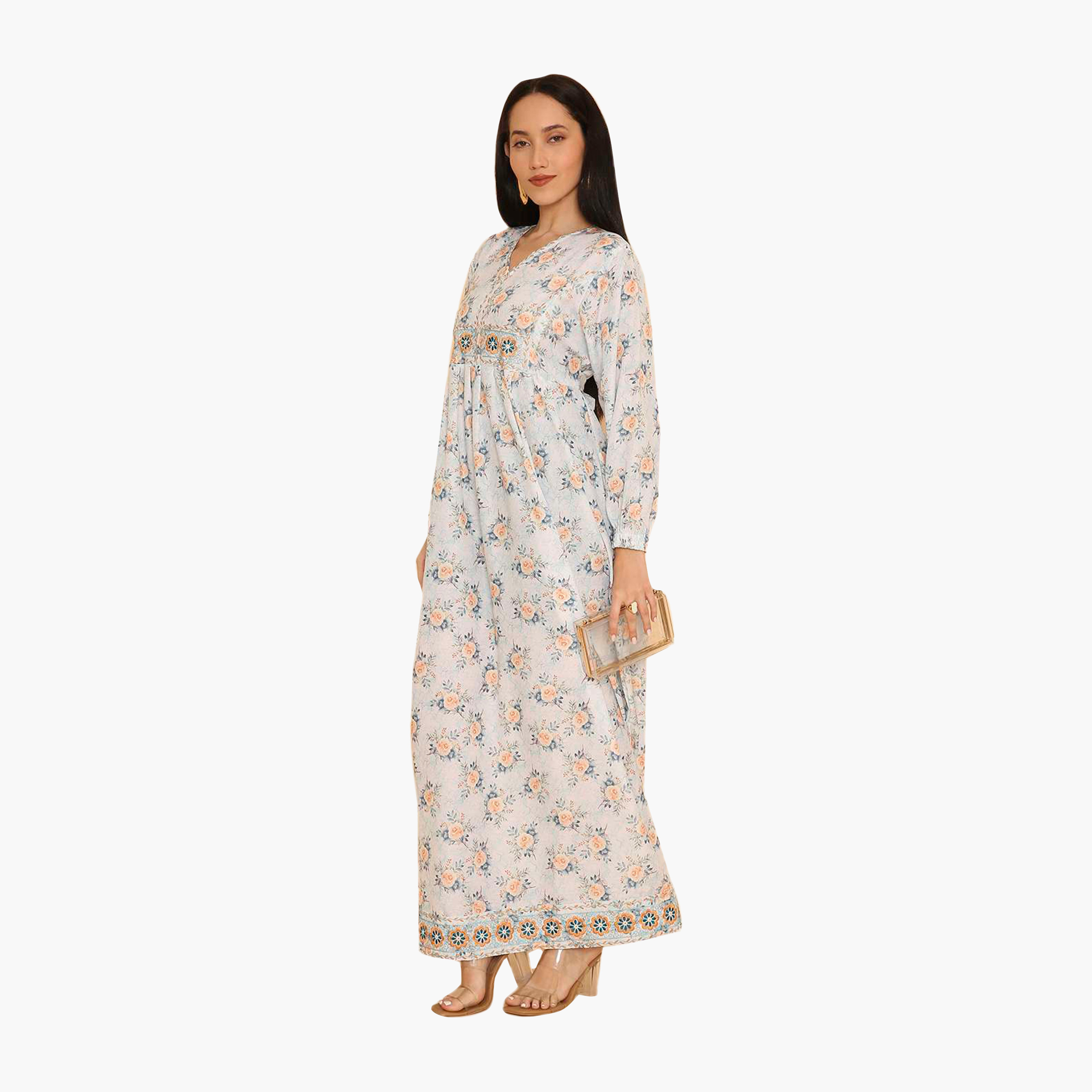 جلابية نسائية بأكمام مطاطية وطبعة زهور من هنا اند سارة-women-arabicclothing-jalabiyas-image-4