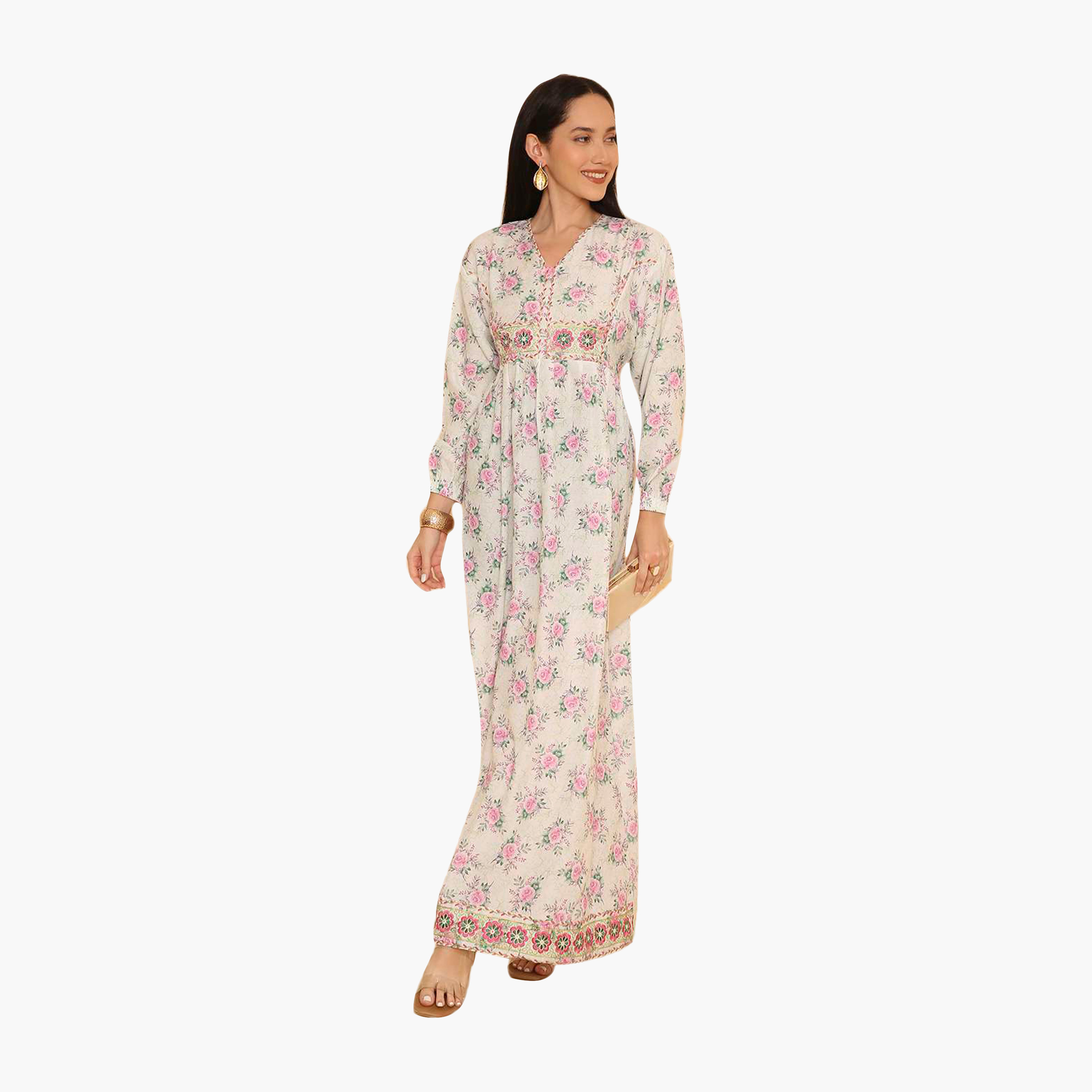 جلابية نسائية بأكمام مطاطية وطبعة زهور من هنا اند سارة-women-arabicclothing-jalabiyas-image-1