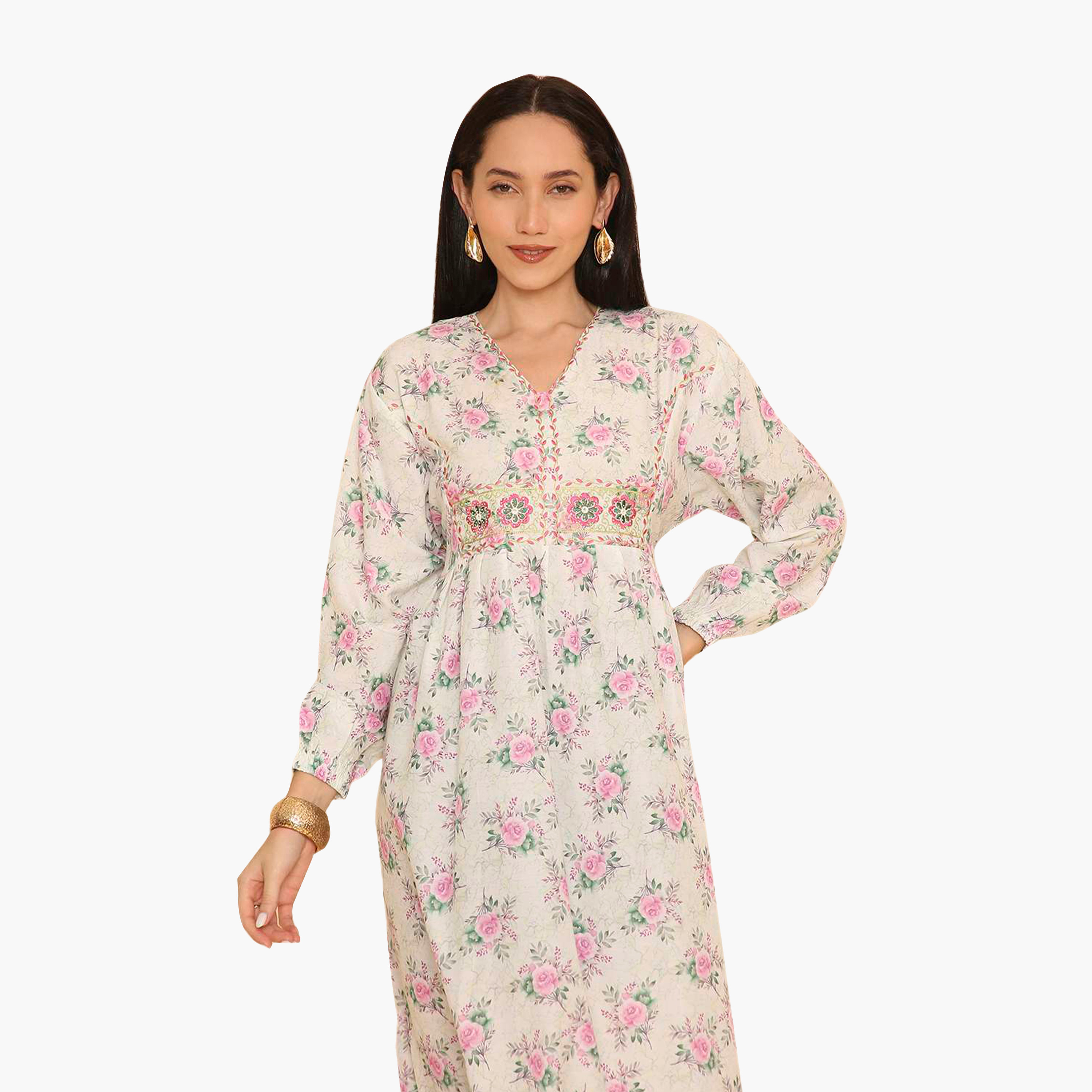 جلابية نسائية بأكمام مطاطية وطبعة زهور من هنا اند سارة-women-arabicclothing-jalabiyas-image-2
