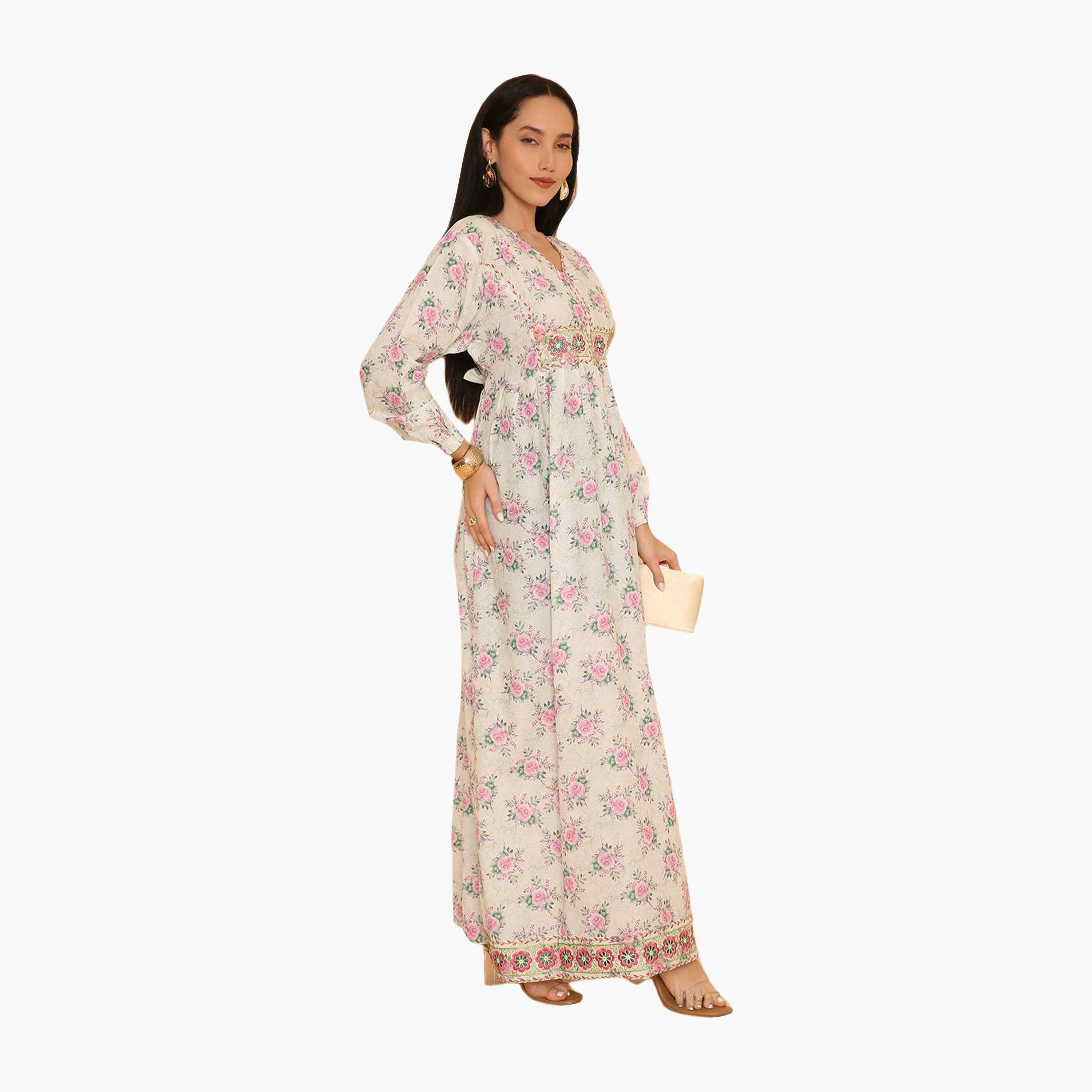 جلابية نسائية بأكمام مطاطية وطبعة زهور من هنا اند سارة-women-arabicclothing-jalabiyas-image-3