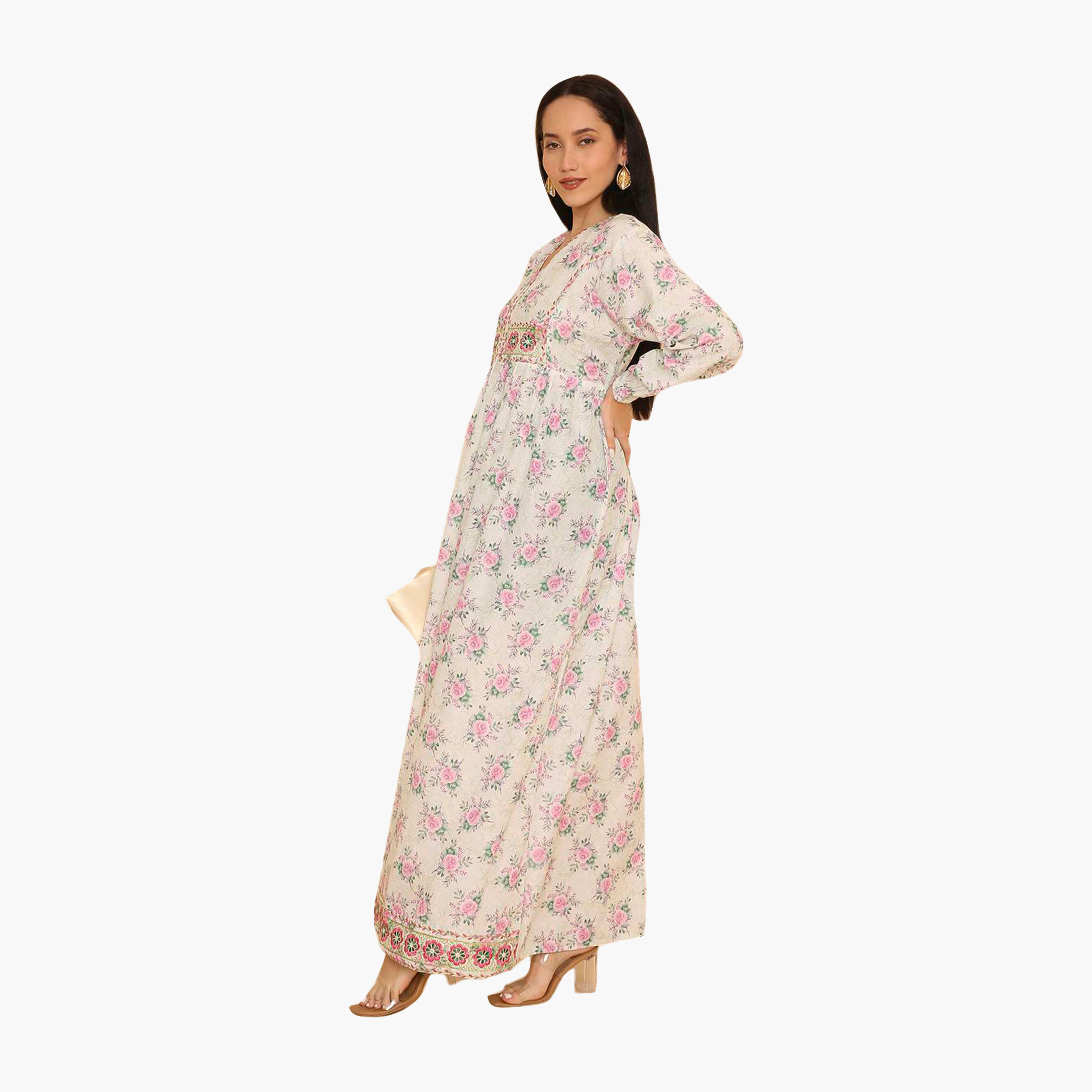 جلابية نسائية بأكمام مطاطية وطبعة زهور من هنا اند سارة-women-arabicclothing-jalabiyas-image-4