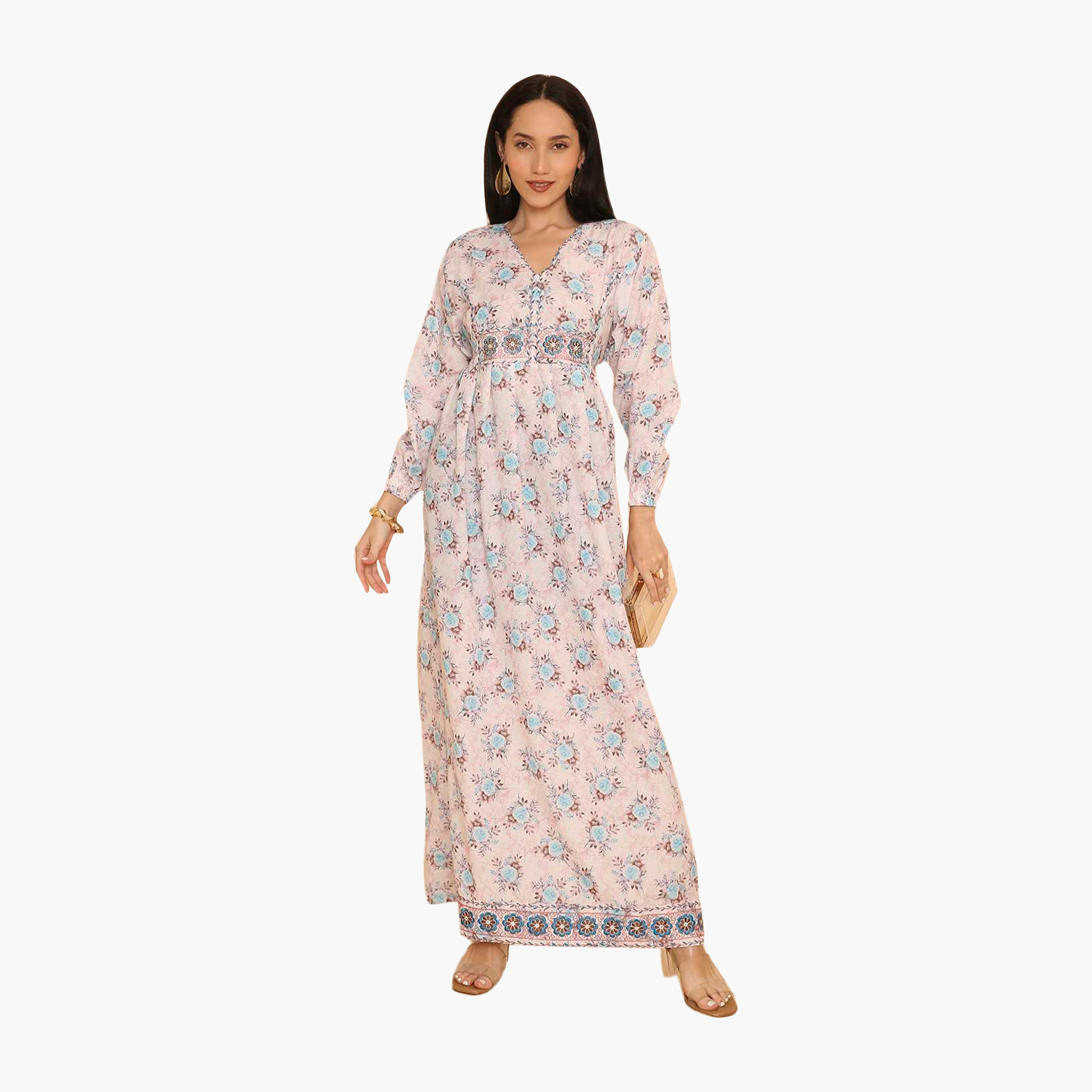 HanaandSara Floral Print Elasticated Cuff Sleeves Women's Jalabiya-women-arabicclothing-jalabiyas-image-11