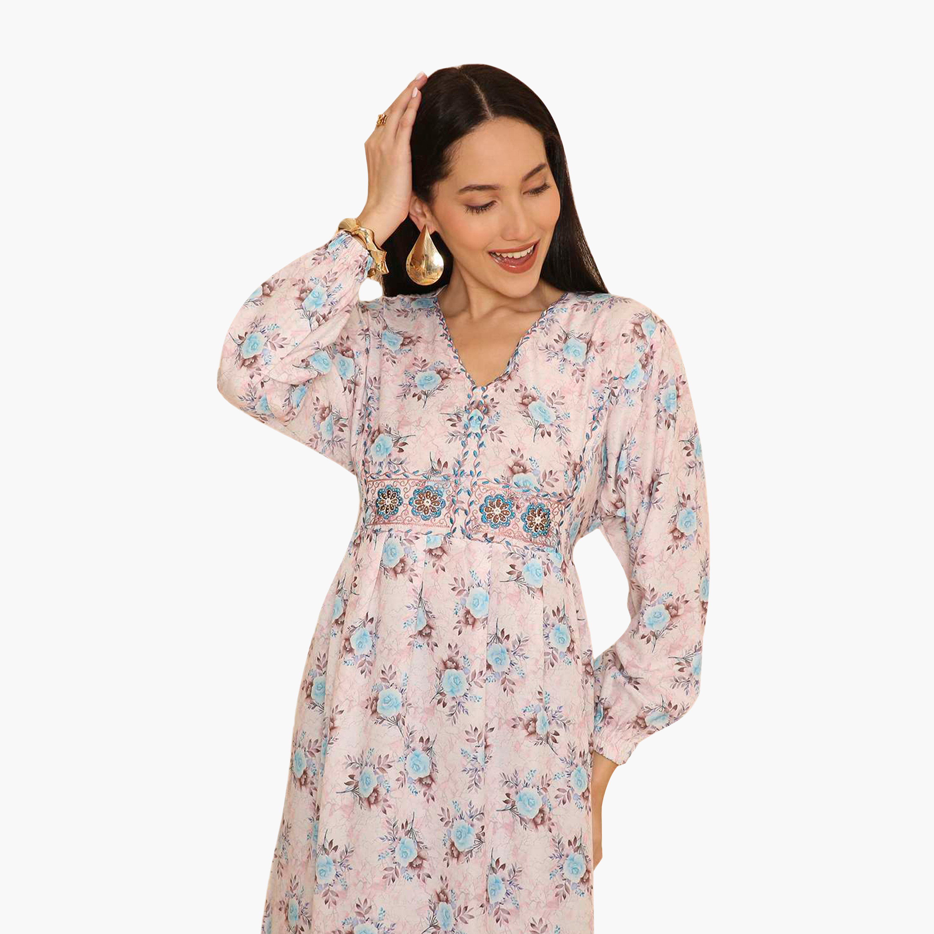 HanaandSara Floral Print Elasticated Cuff Sleeves Women's Jalabiya-women-arabicclothing-jalabiyas-image-12