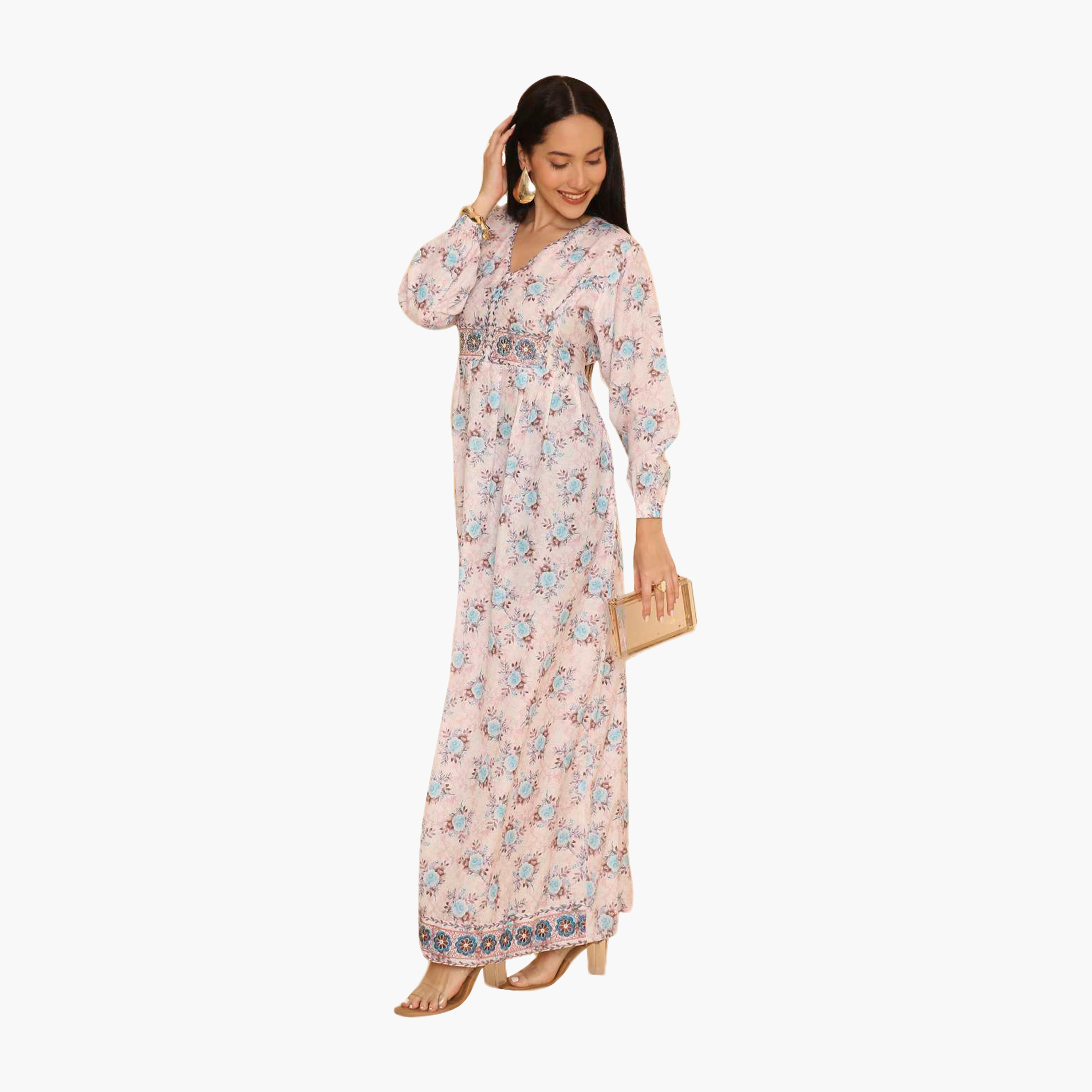 HanaandSara Floral Print Elasticated Cuff Sleeves Women's Jalabiya-women-arabicclothing-jalabiyas-image-4