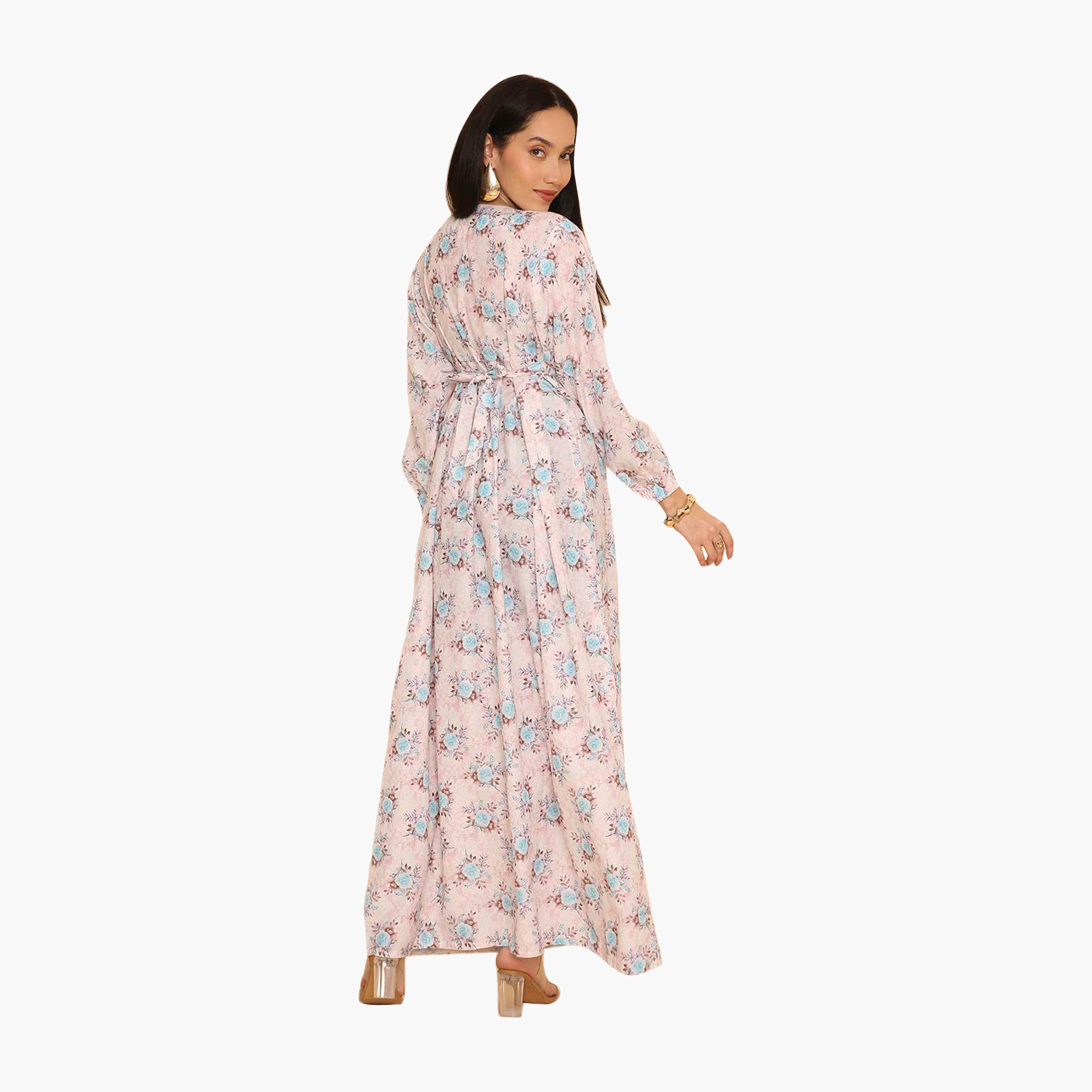 HanaandSara Floral Print Elasticated Cuff Sleeves Women's Jalabiya-women-arabicclothing-jalabiyas-image-5