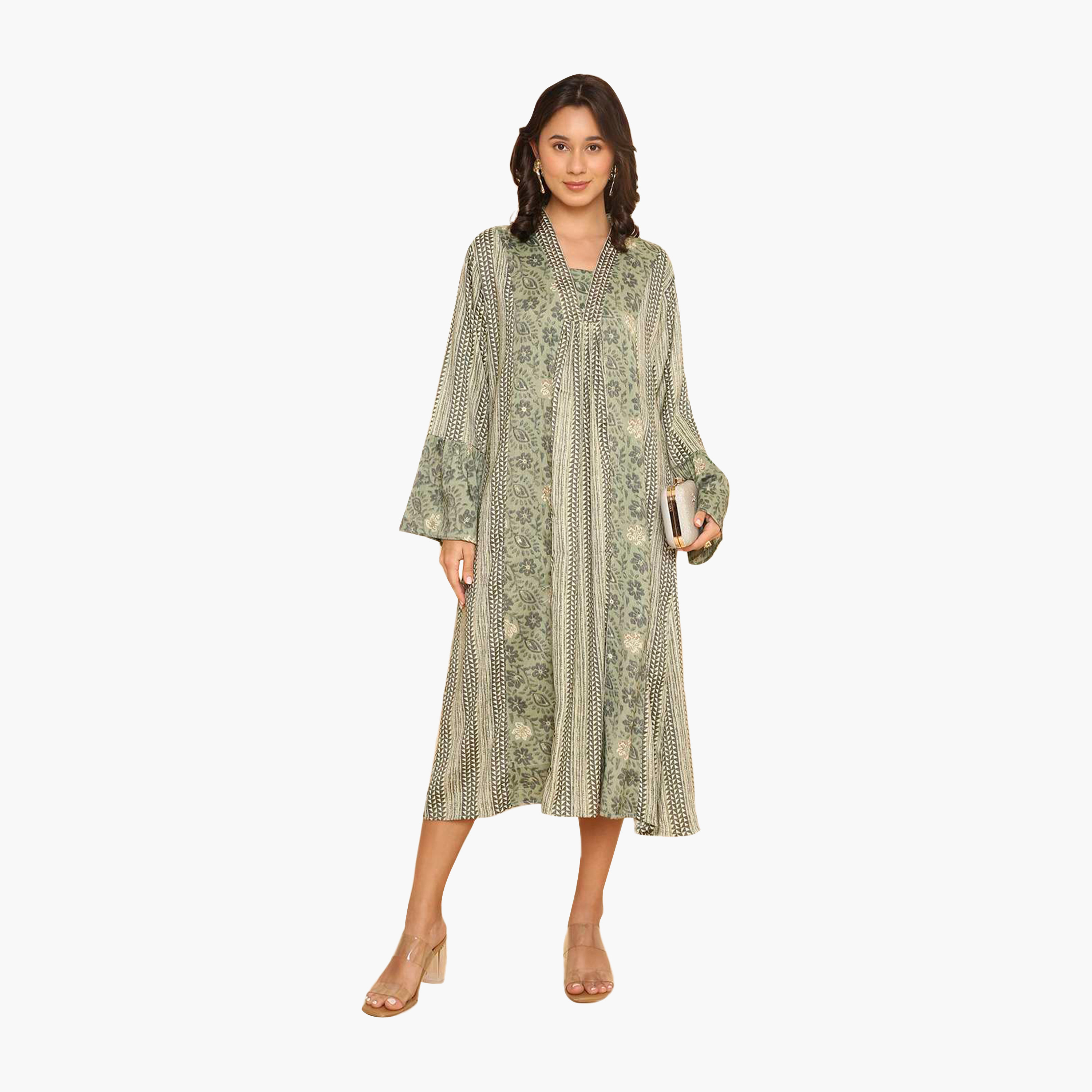 جلابية نسائية بأكمام واسعة وياقة وطبعة زهور وأشكال هندسية من هنا اند سارة-women-arabicclothing-jalabiyas-image-1