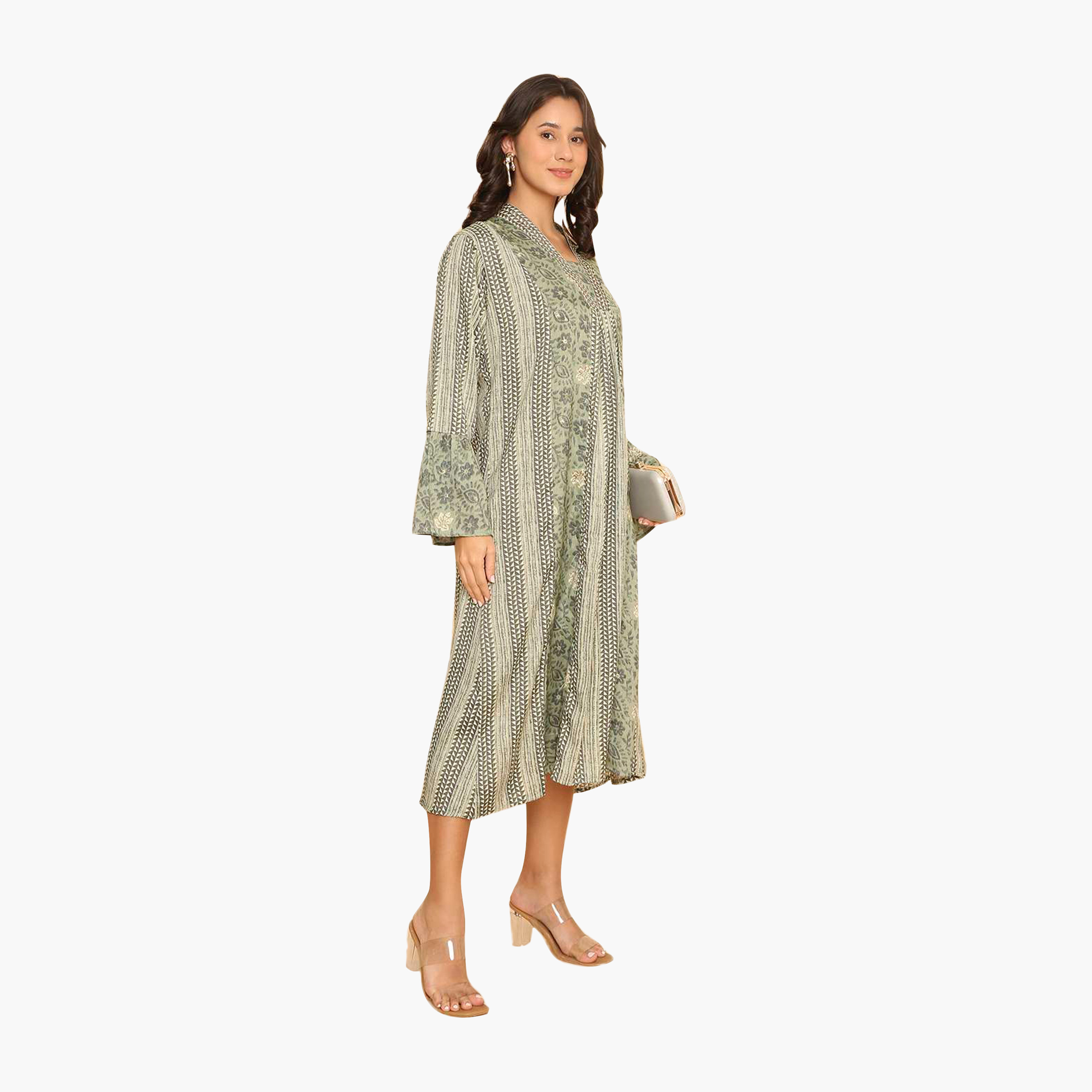 HanaandSara Floral & Geometric Print Collared Bell Sleeves Women's Jalabiya-women-arabicclothing-jalabiyas-image-3