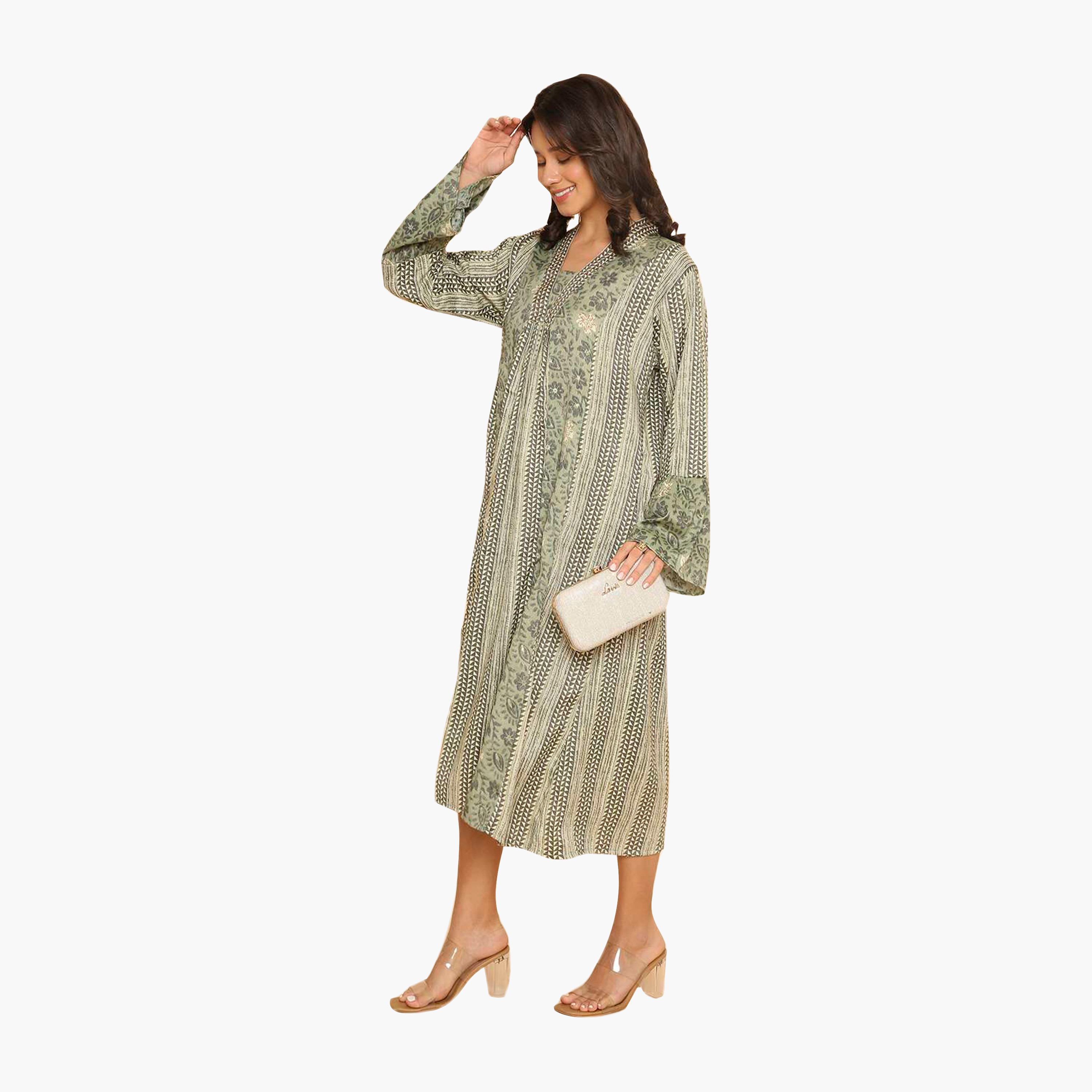 جلابية نسائية بأكمام واسعة وياقة وطبعة زهور وأشكال هندسية من هنا اند سارة-women-arabicclothing-jalabiyas-image-4