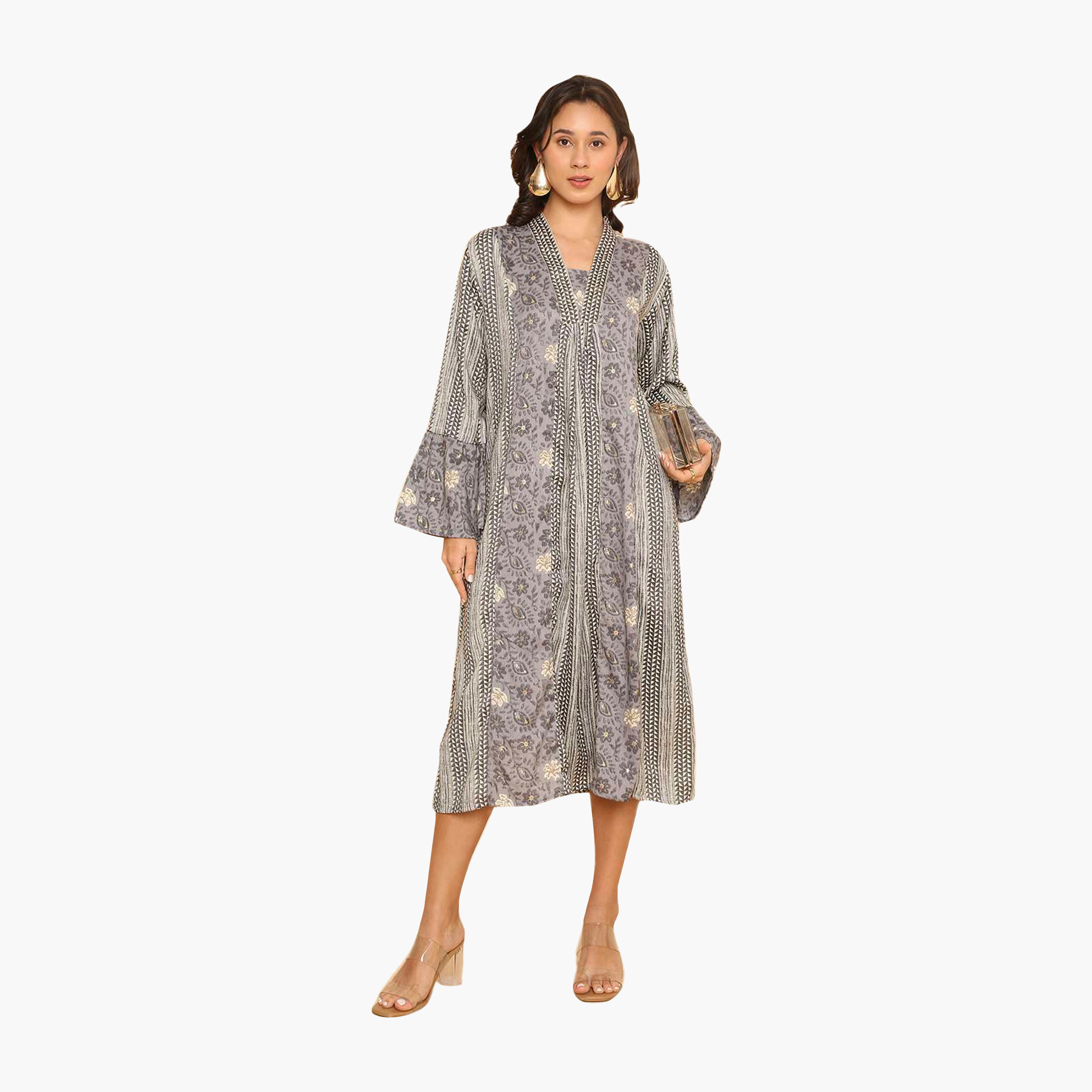HanaandSara Floral & Geometric Print Collared Bell Sleeves Women's Jalabiya-women-arabicclothing-jalabiyas-image-6