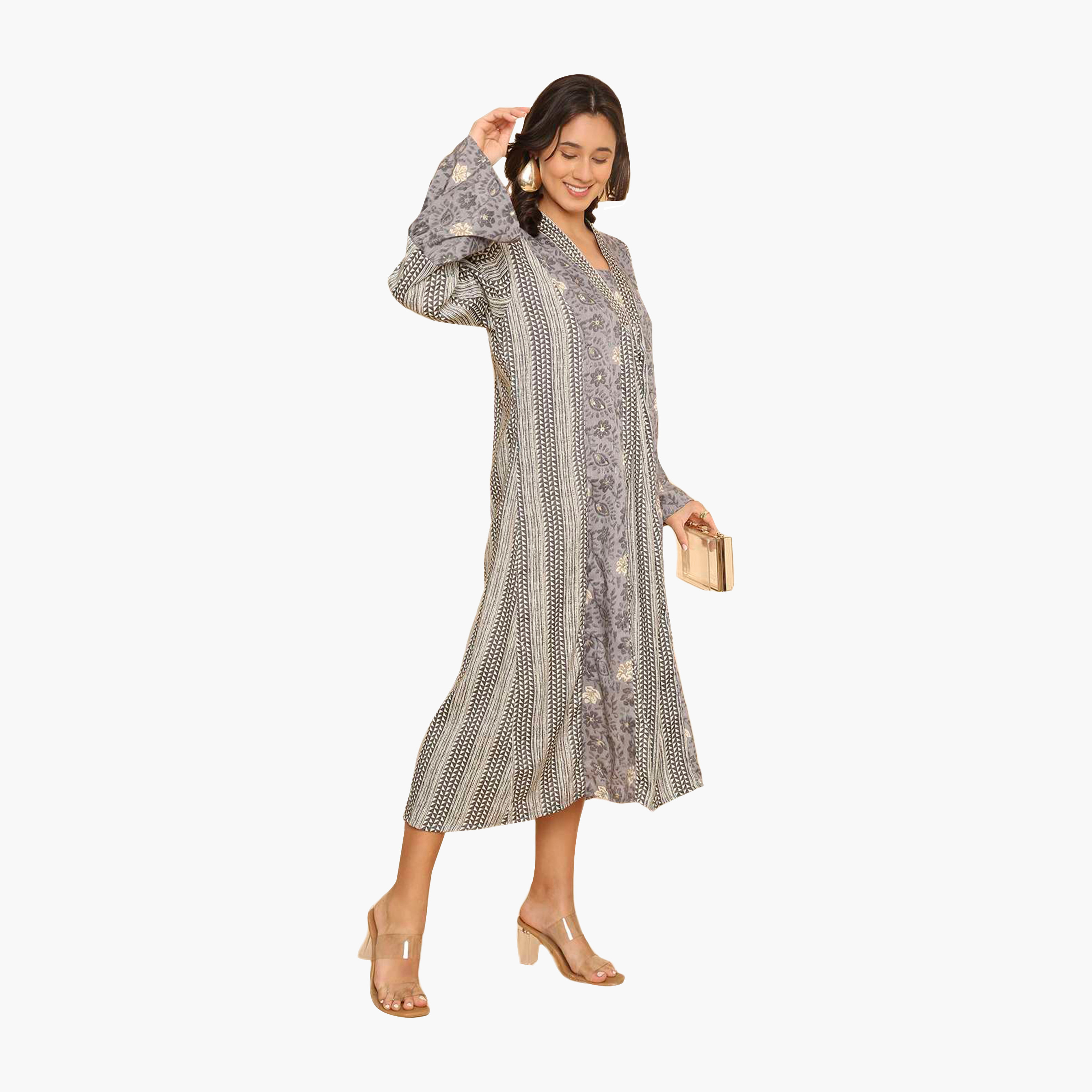 HanaandSara Floral & Geometric Print Collared Bell Sleeves Women's Jalabiya-women-arabicclothing-jalabiyas-image-8