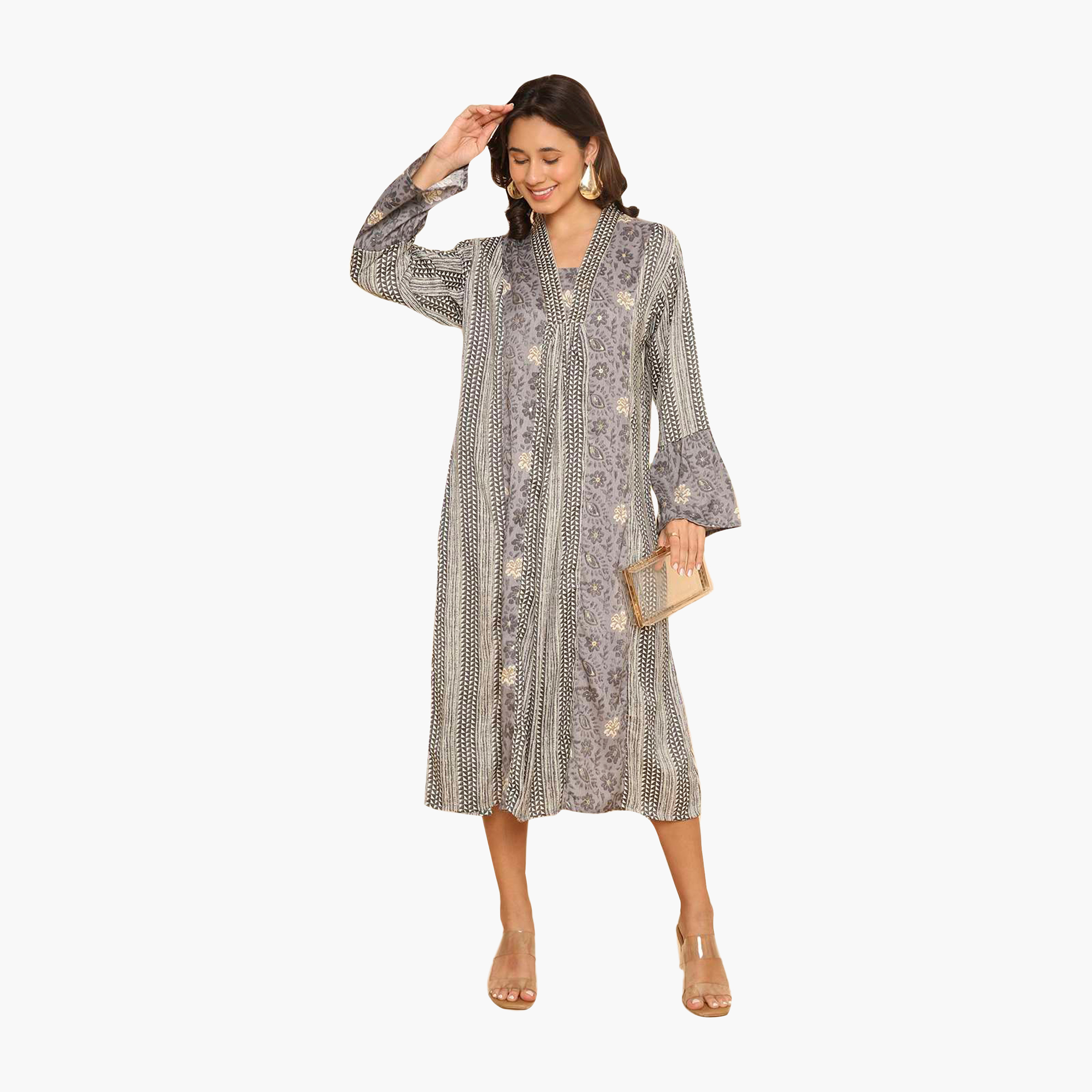 HanaandSara Floral & Geometric Print Collared Bell Sleeves Women's Jalabiya-women-arabicclothing-jalabiyas-image-9