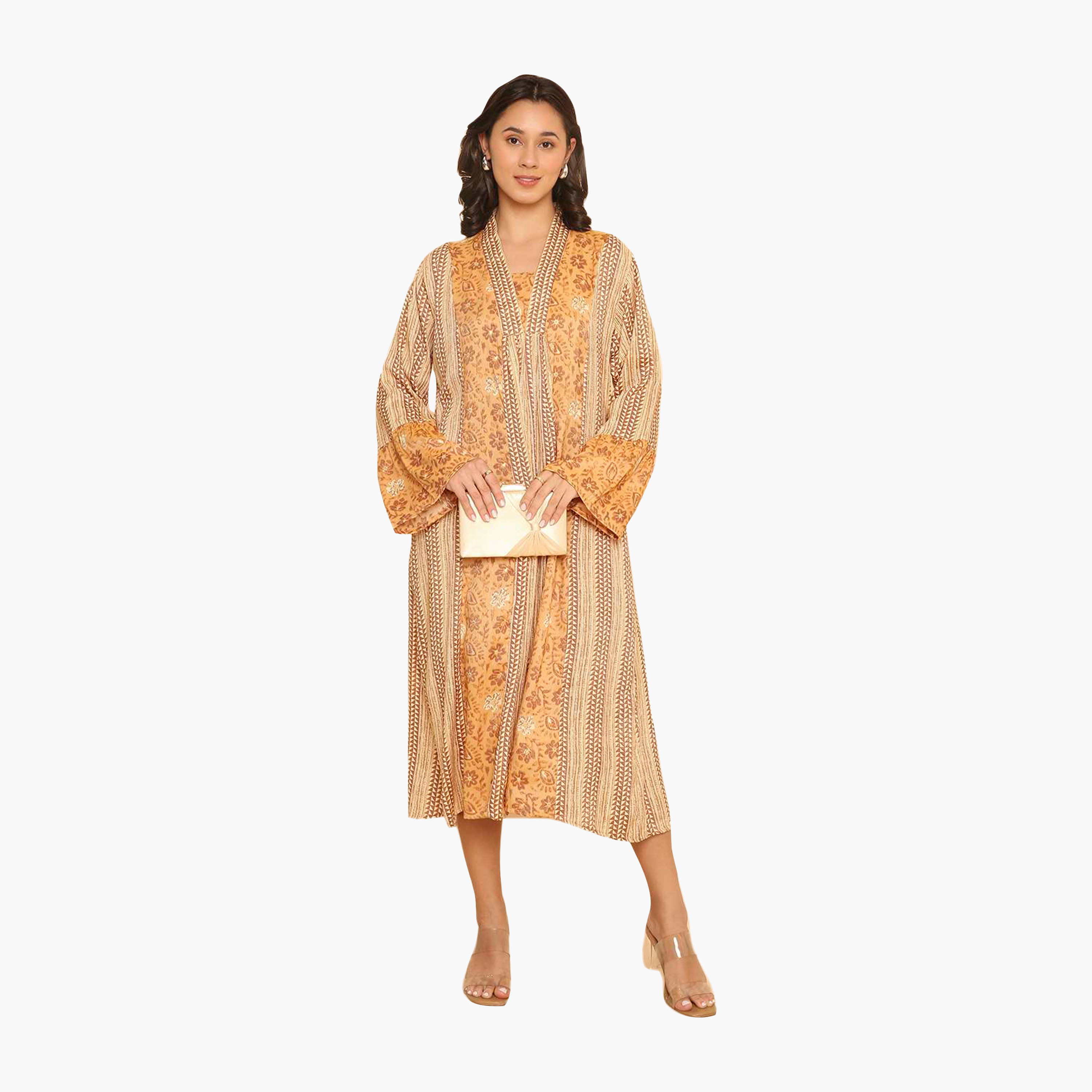 HanaandSara Floral & Geometric Print Collared Bell Sleeves Women's Jalabiya-women-arabicclothing-jalabiyas-image-11