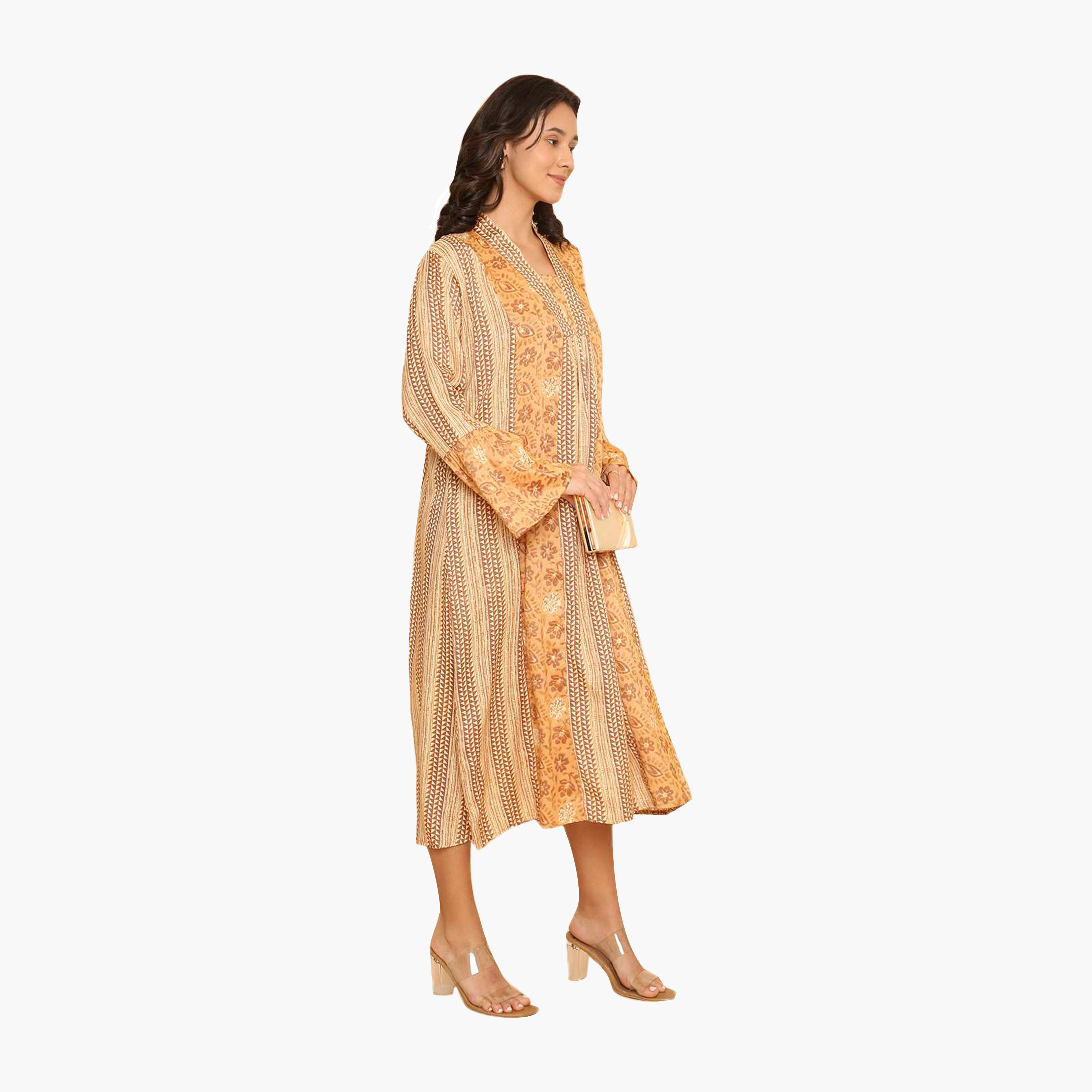 HanaandSara Floral & Geometric Print Collared Bell Sleeves Women's Jalabiya-women-arabicclothing-jalabiyas-image-13