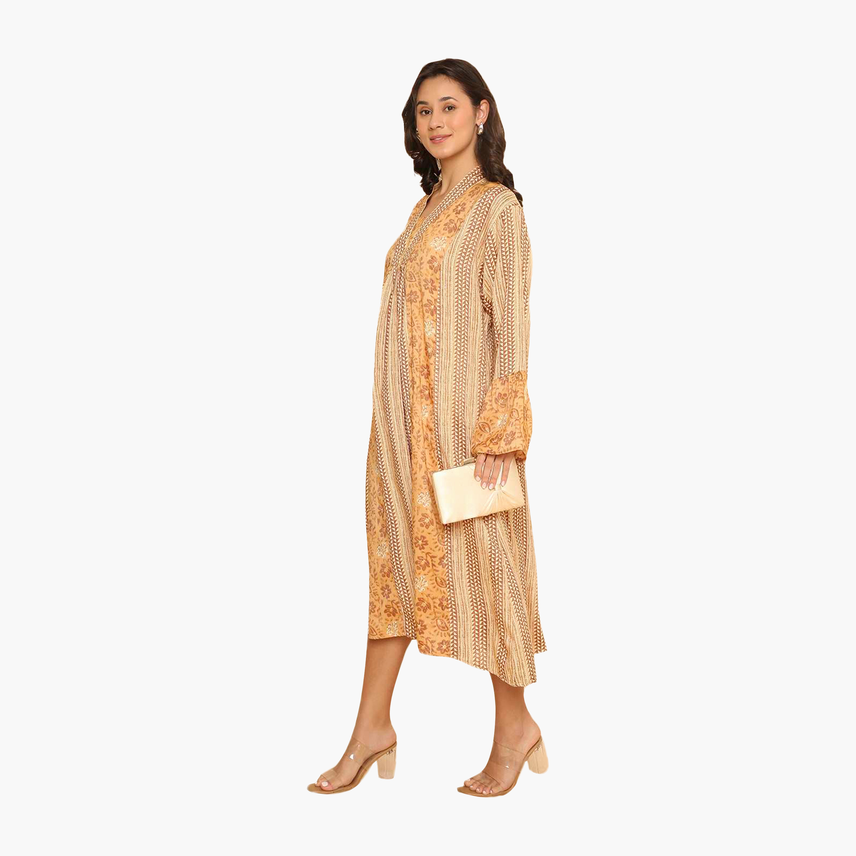 HanaandSara Floral & Geometric Print Collared Bell Sleeves Women's Jalabiya-women-arabicclothing-jalabiyas-image-14