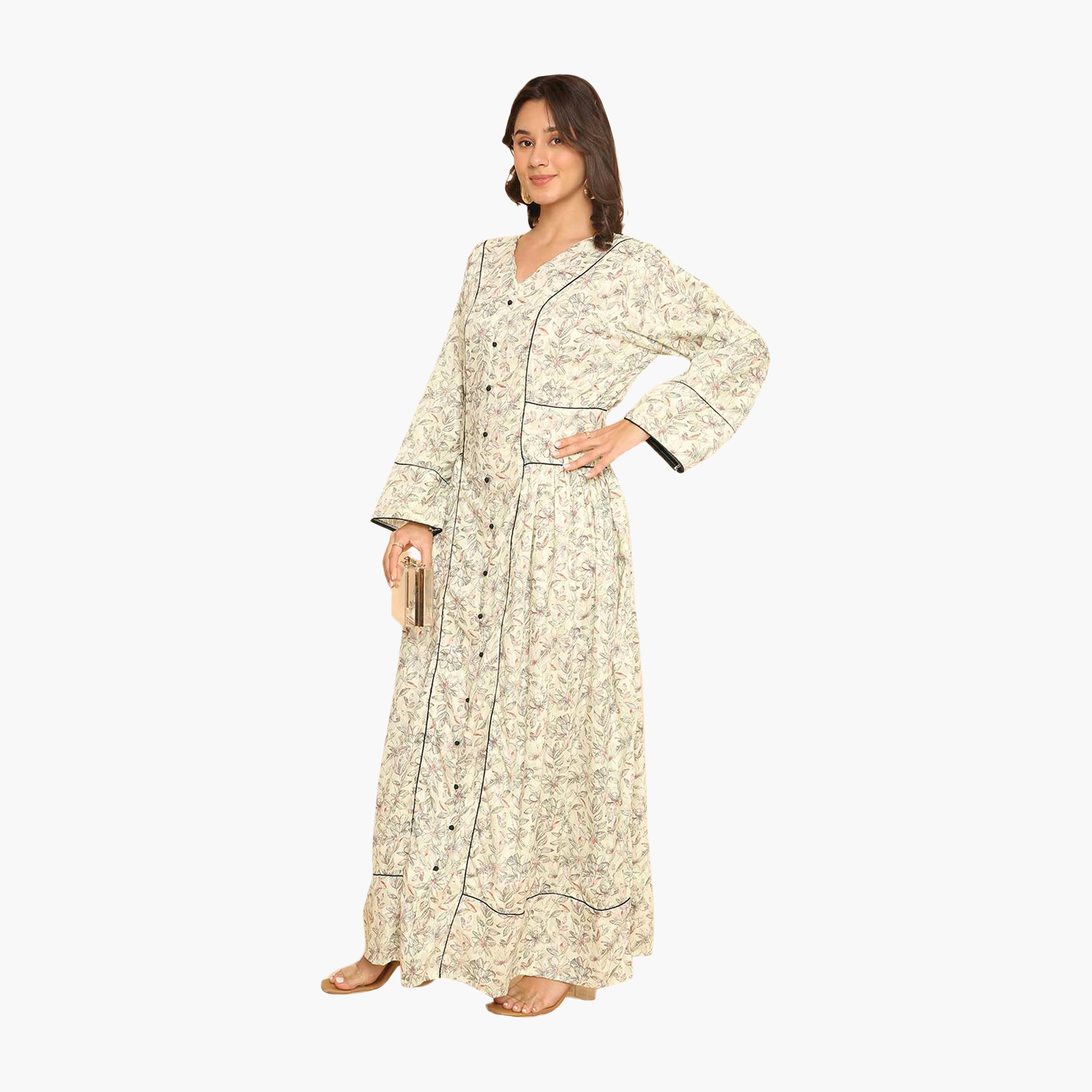 جلابية نسائية مطرزة بنقشة زهور وحواف مزخرفة من هنا اند سارة-women-arabicclothing-jalabiyas-image-4