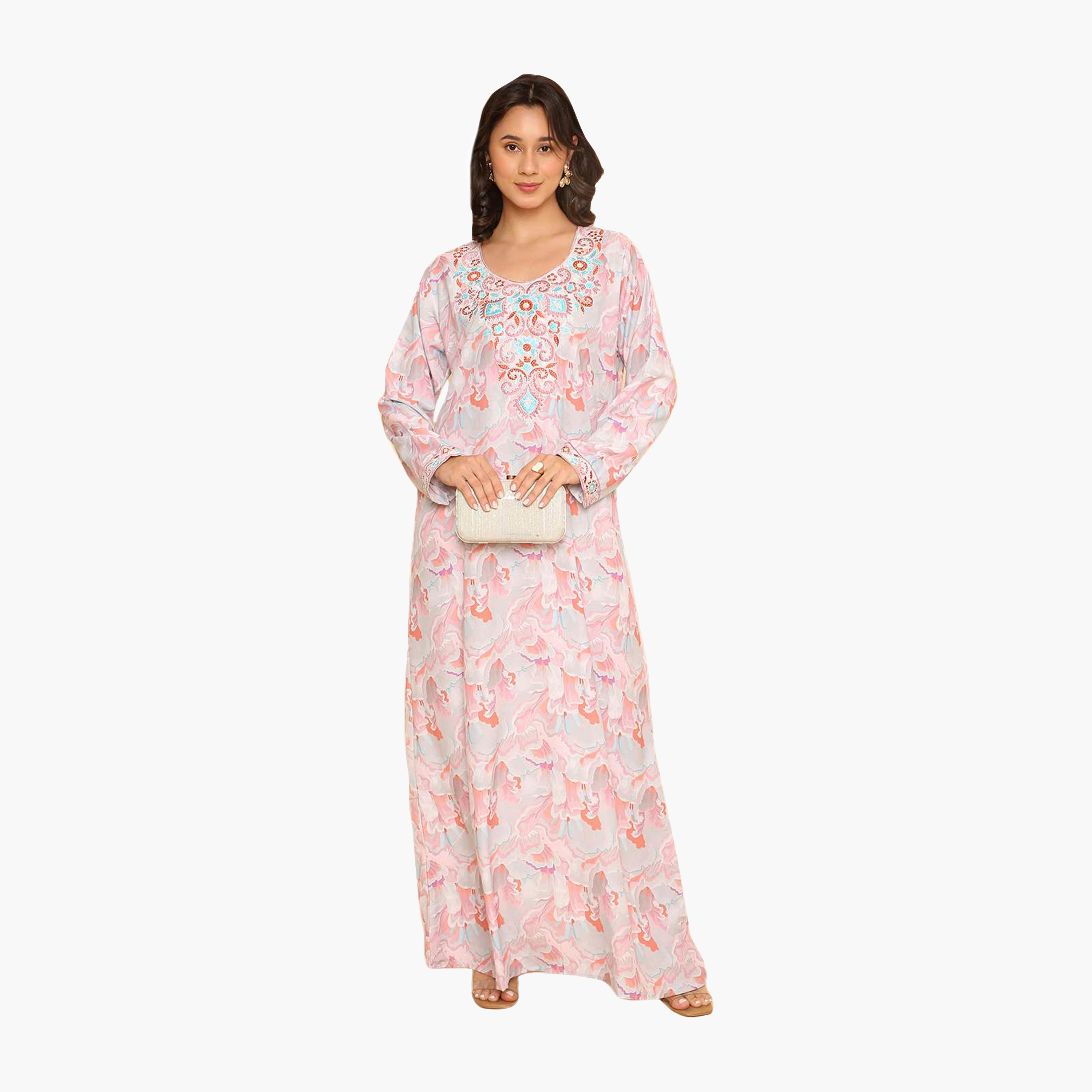 جلابية نسائية مطرزة بنقوش زهور على الصدر من هنا اند سارة-women-arabicclothing-jalabiyas-image-1