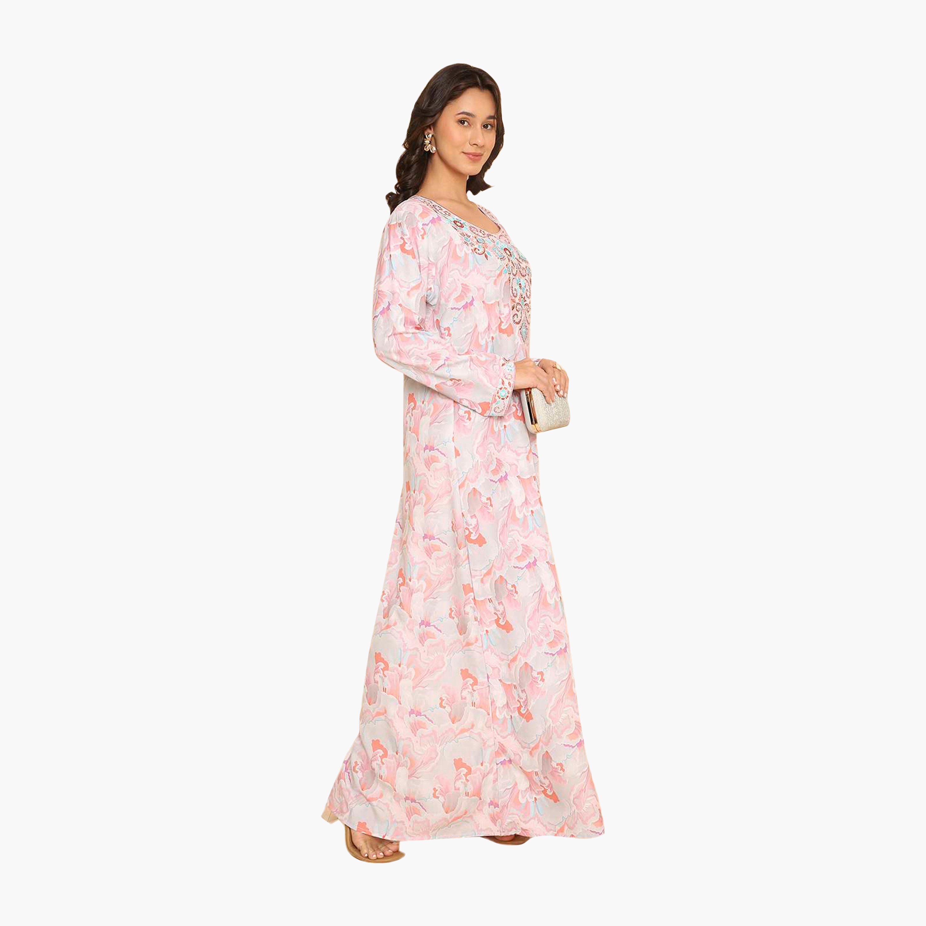 جلابية نسائية مطرزة بنقوش زهور على الصدر من هنا اند سارة-women-arabicclothing-jalabiyas-image-3