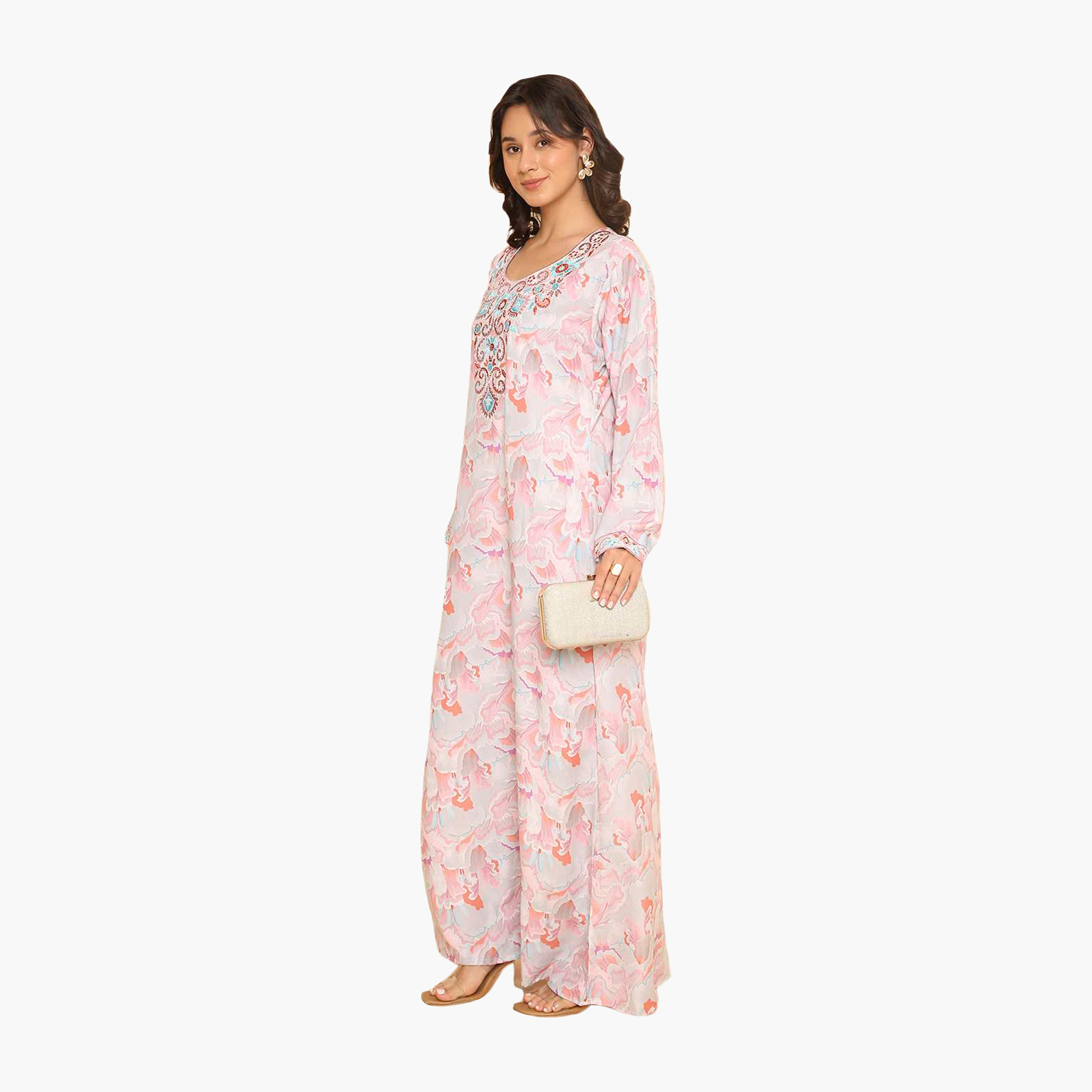 جلابية نسائية مطرزة بنقوش زهور على الصدر من هنا اند سارة-women-arabicclothing-jalabiyas-image-4