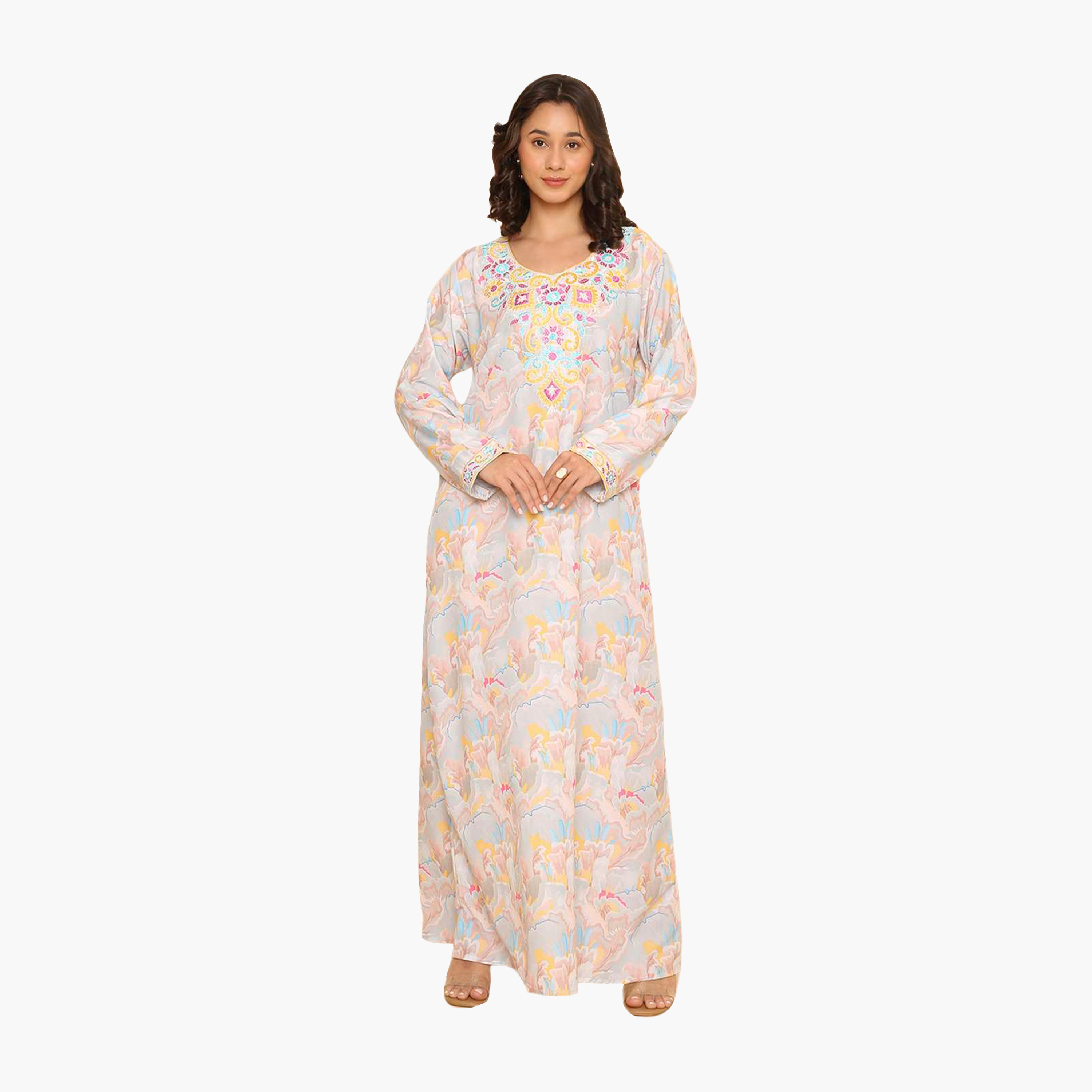 جلابية نسائية مطرزة بنقوش زهور على الصدر من هنا اند سارة-women-arabicclothing-jalabiyas-image-6