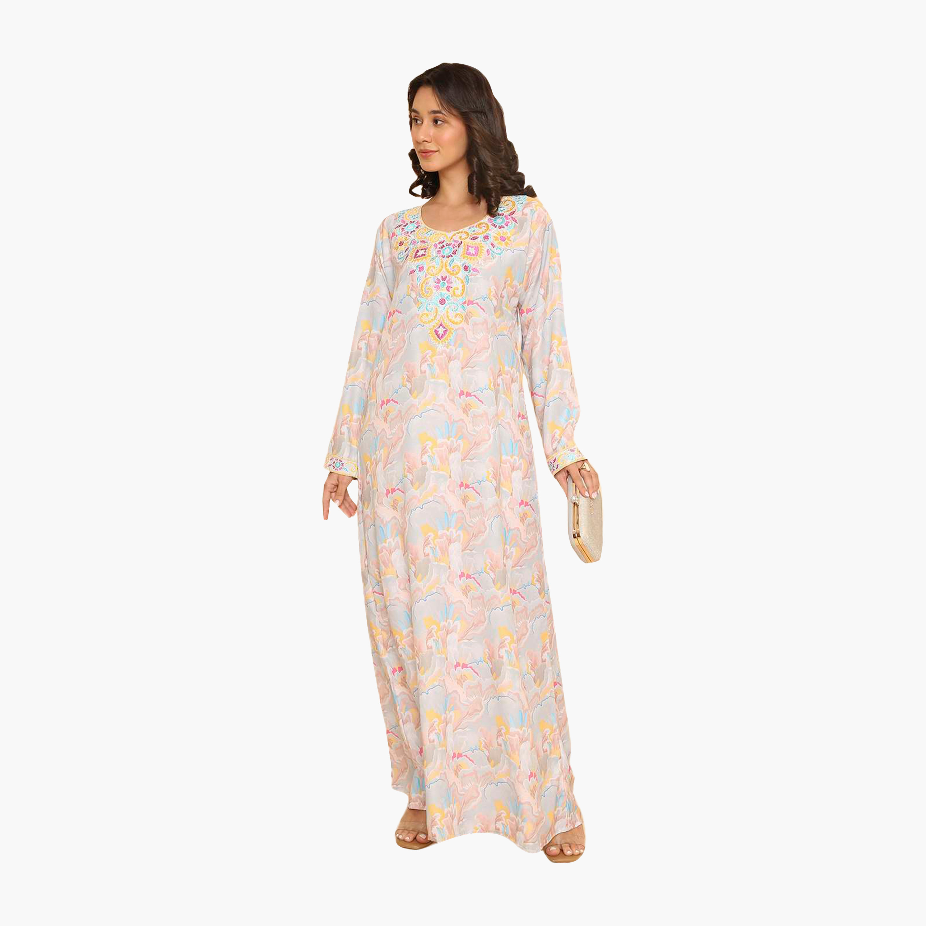 HanaandSara Floral Motifs Embroidered Yoke Women's Jalabiya-women-arabicclothing-jalabiyas-image-4
