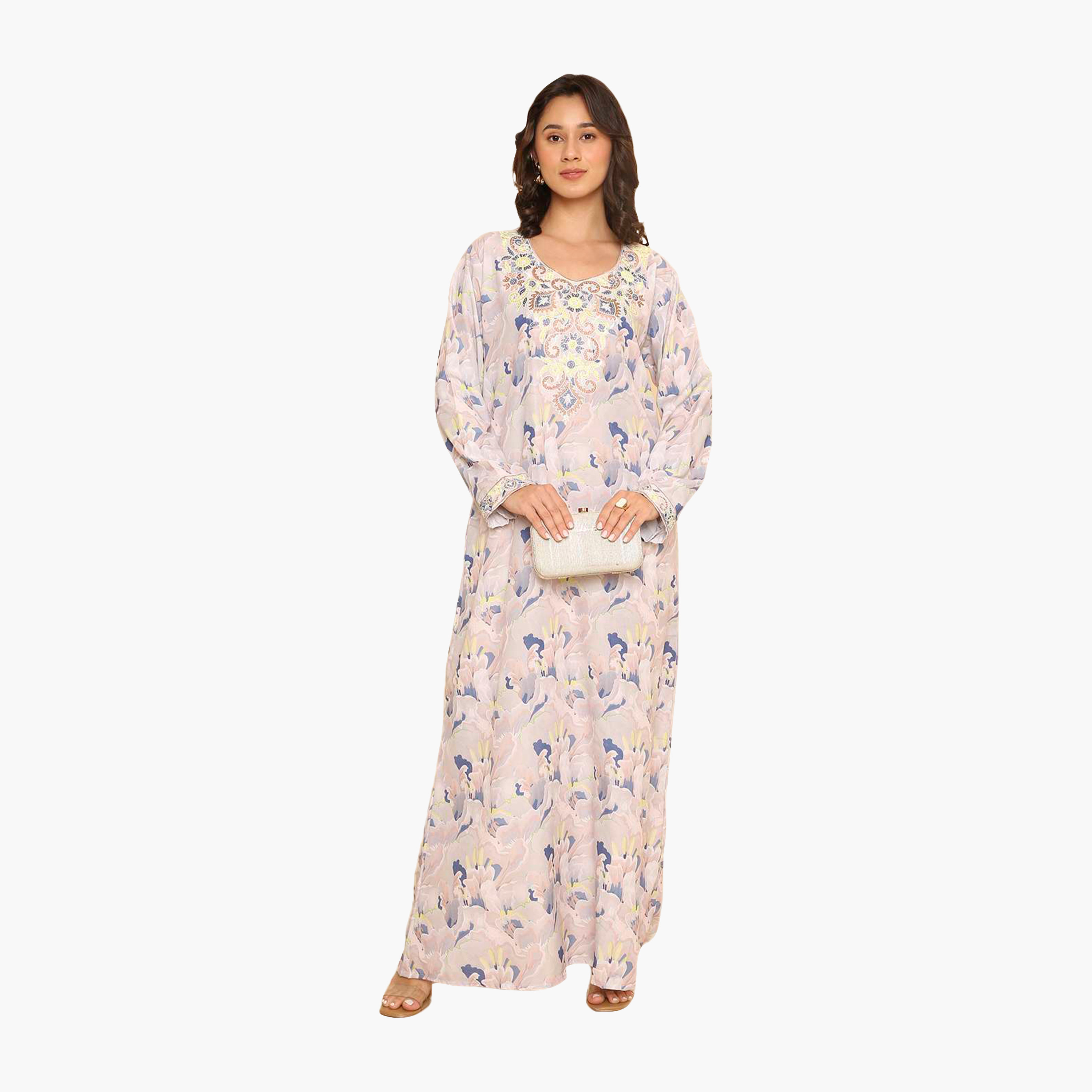 جلابية نسائية مطرزة بنقوش زهور على الصدر من هنا اند سارة-women-arabicclothing-jalabiyas-image-11