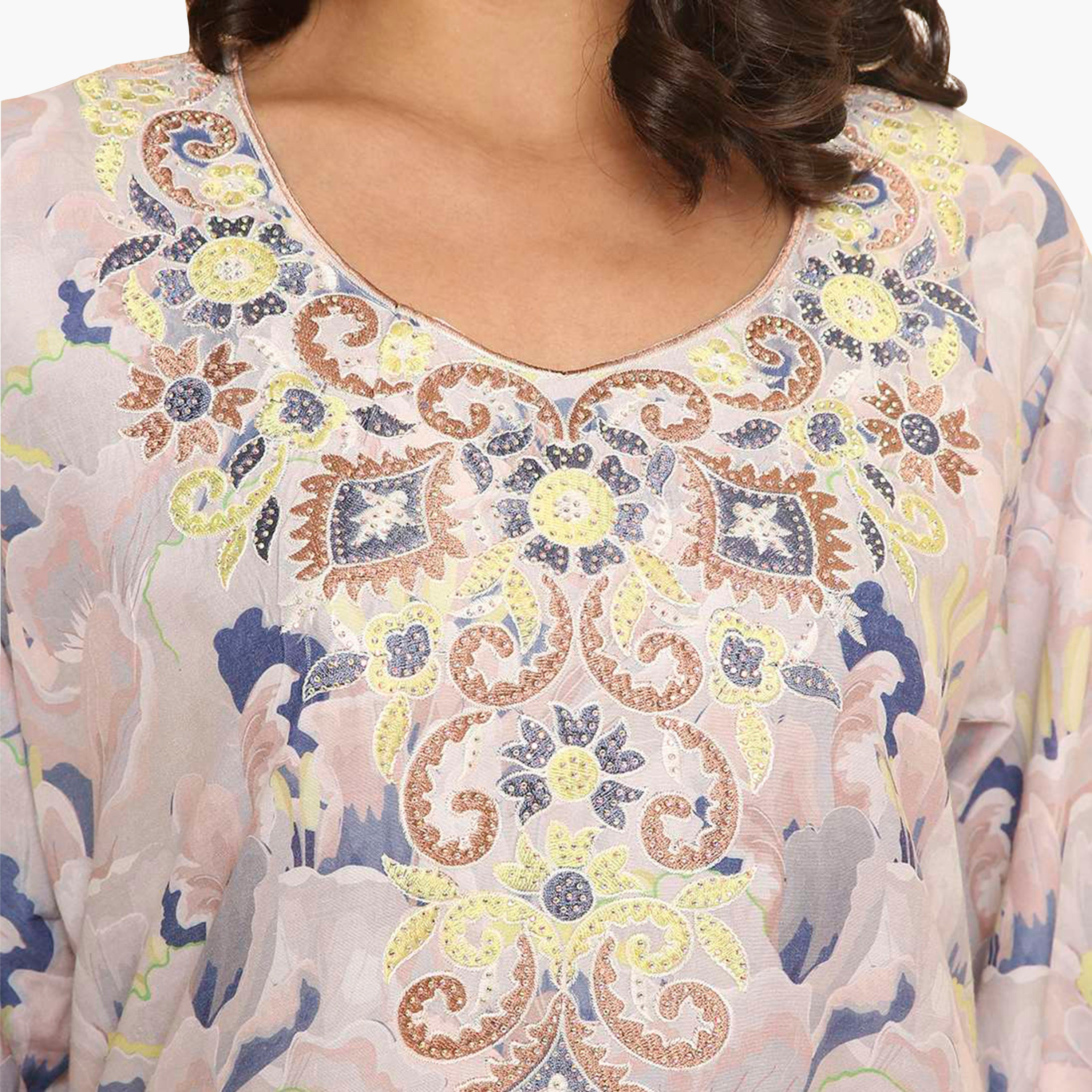 جلابية نسائية مطرزة بنقوش زهور على الصدر من هنا اند سارة-women-arabicclothing-jalabiyas-image-12