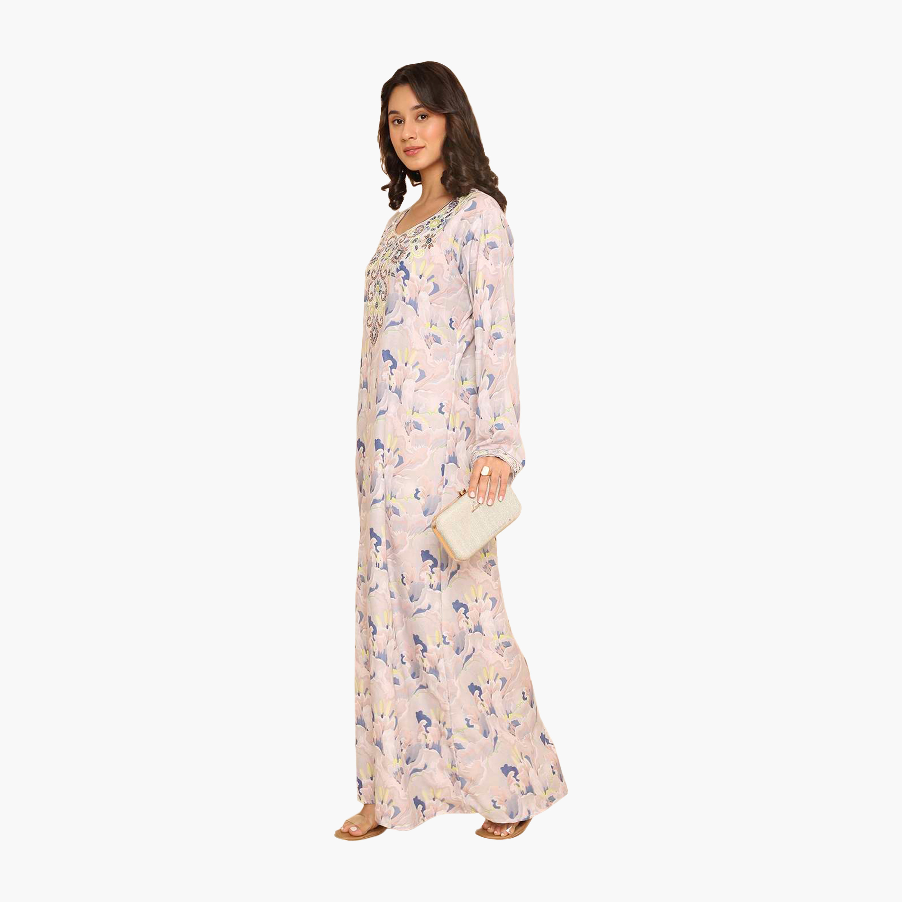 جلابية نسائية مطرزة بنقوش زهور على الصدر من هنا اند سارة-women-arabicclothing-jalabiyas-image-14