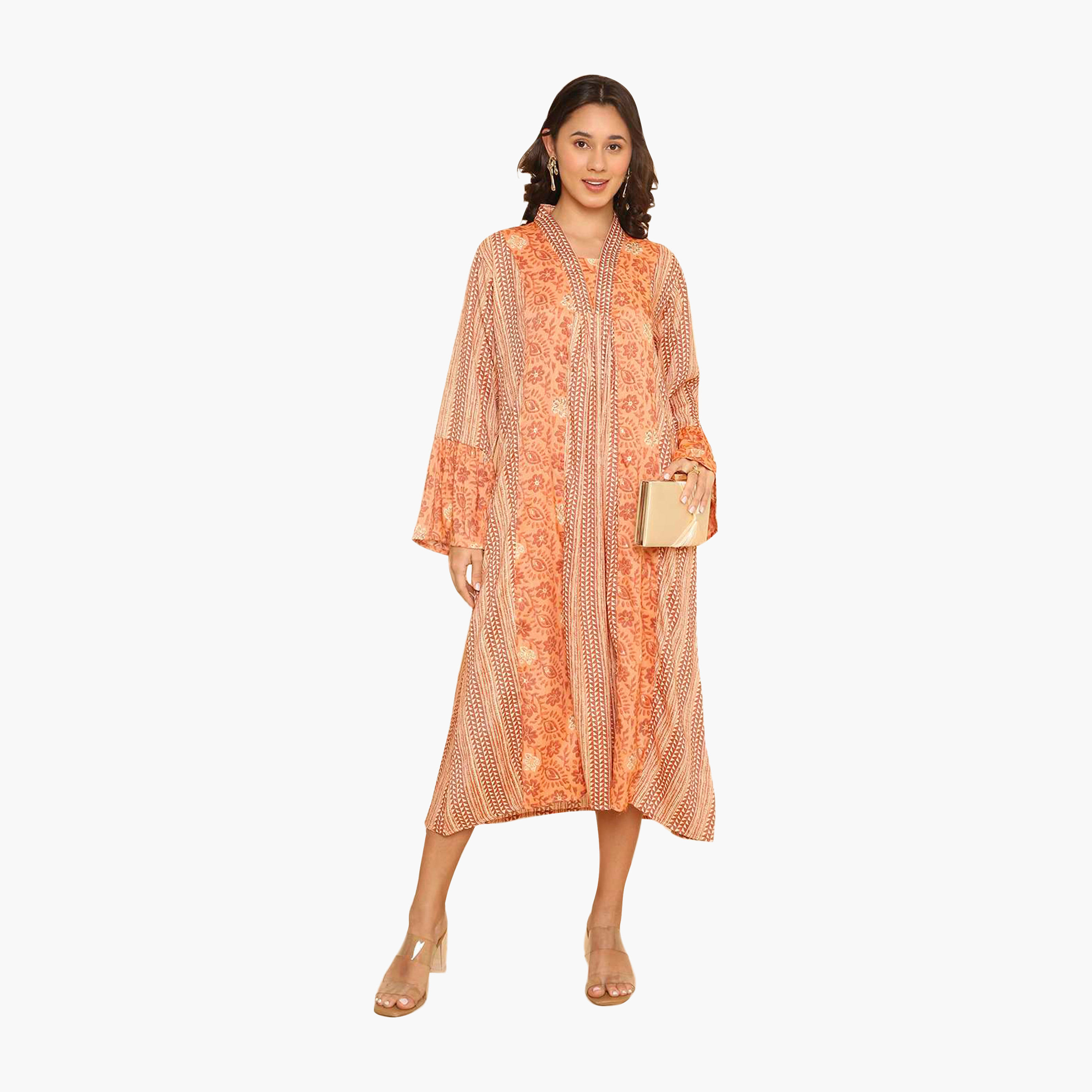 جلابية نسائية بأكمام واسعة وياقة وطبعة أشكال هندسية برتقالية من هنا اند سارة-women-arabicclothing-jalabiyas-image-1