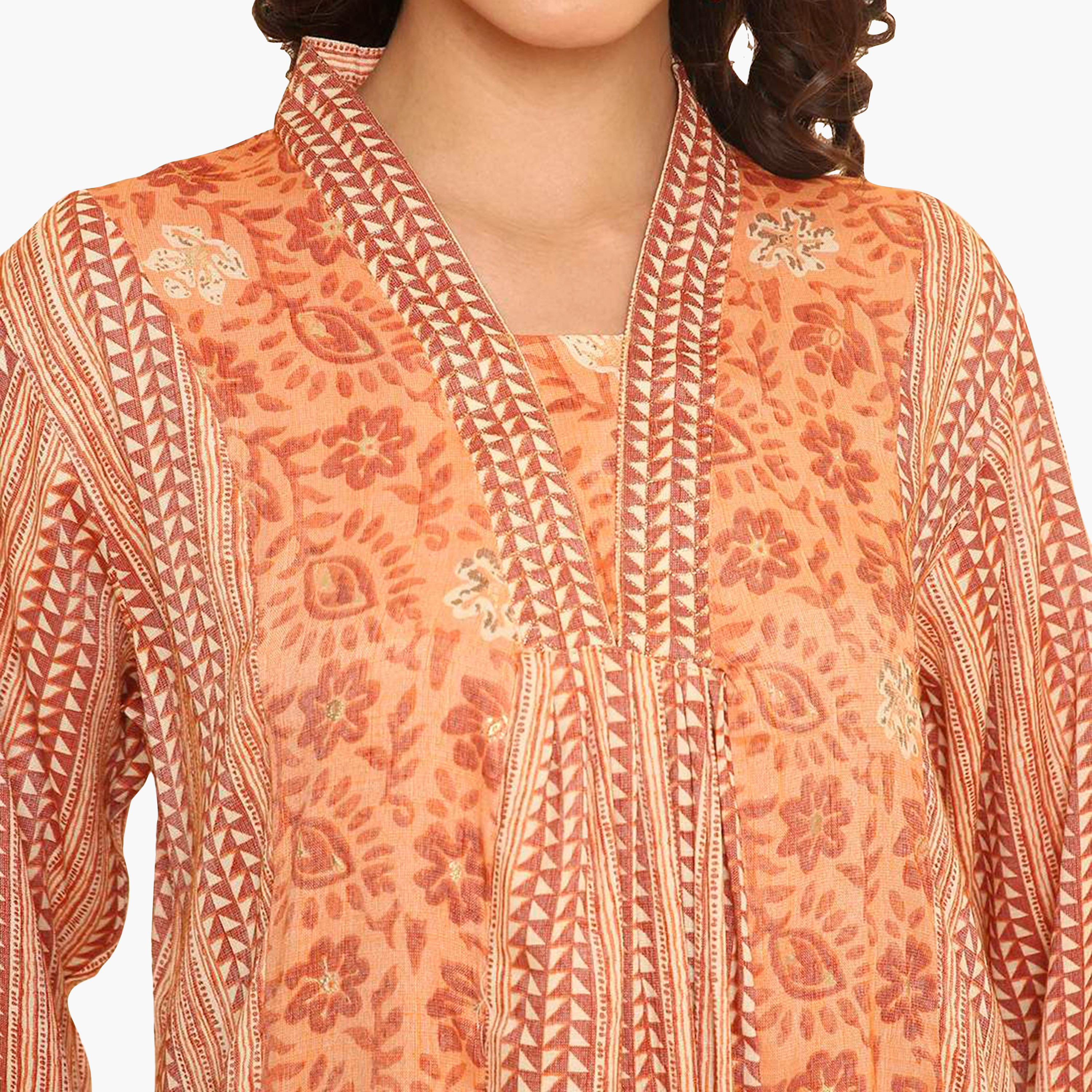 جلابية نسائية بأكمام واسعة وياقة وطبعة أشكال هندسية برتقالية من هنا اند سارة-women-arabicclothing-jalabiyas-image-2