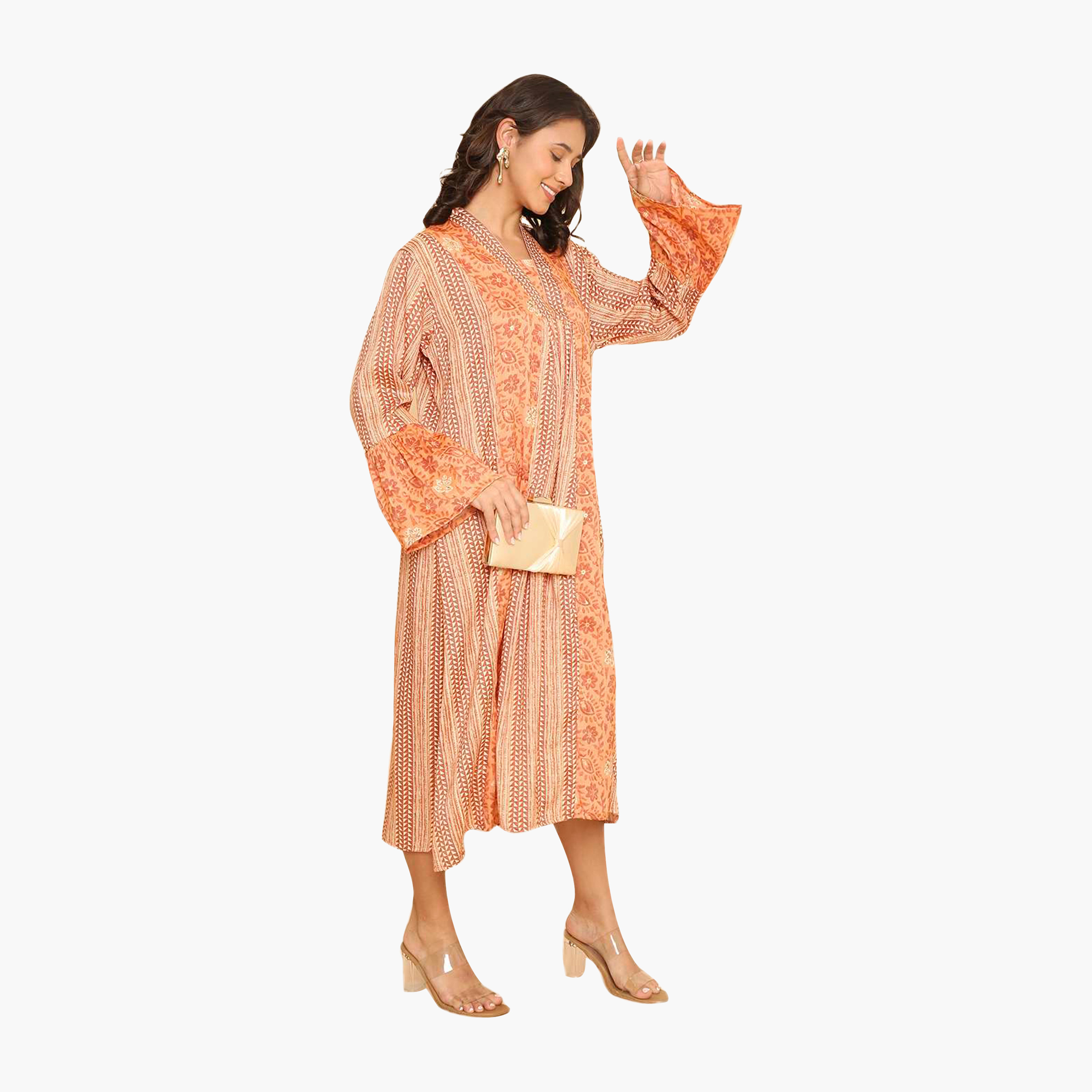 جلابية نسائية بأكمام واسعة وياقة وطبعة أشكال هندسية برتقالية من هنا اند سارة-women-arabicclothing-jalabiyas-image-3