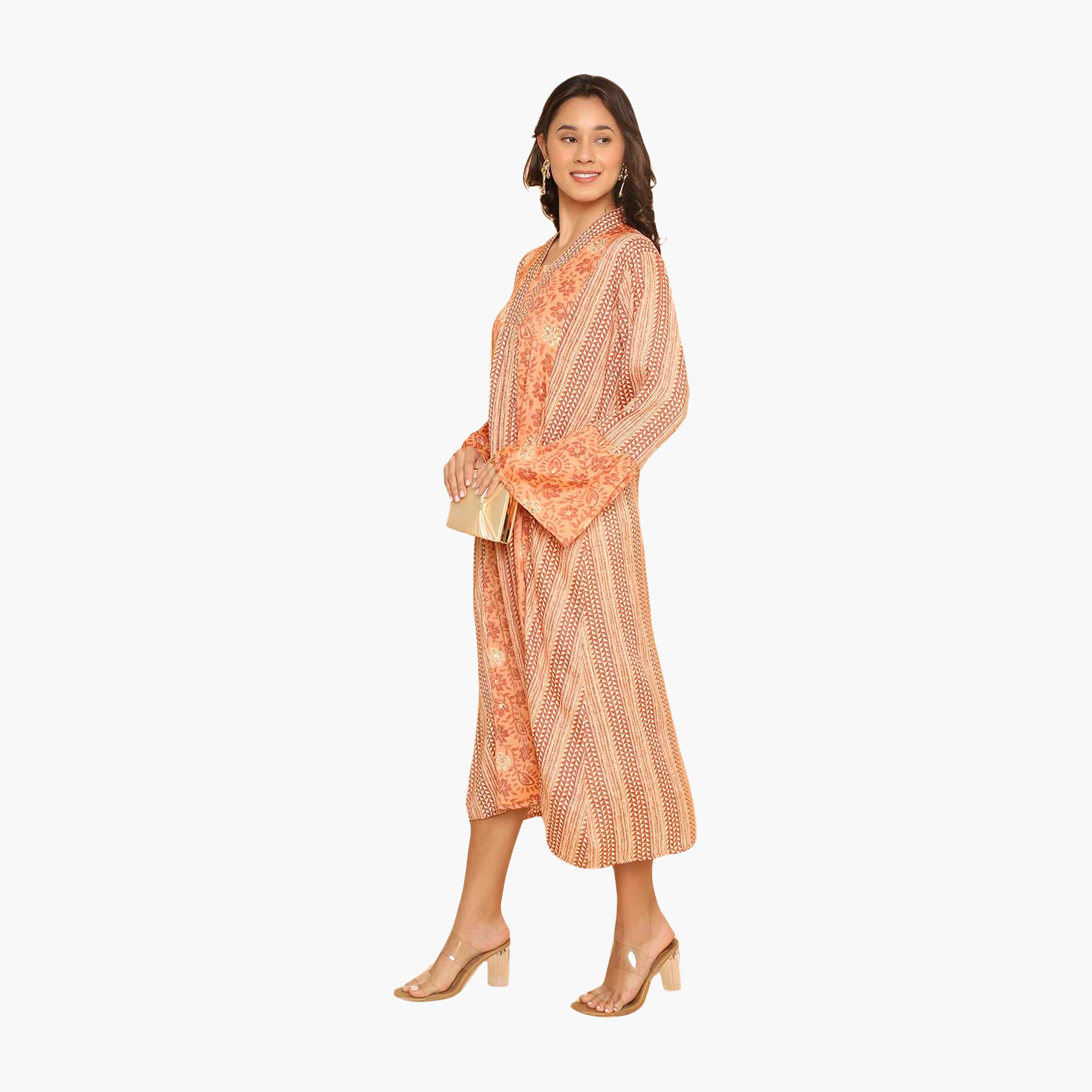 جلابية نسائية بأكمام واسعة وياقة وطبعة أشكال هندسية برتقالية من هنا اند سارة-women-arabicclothing-jalabiyas-image-4